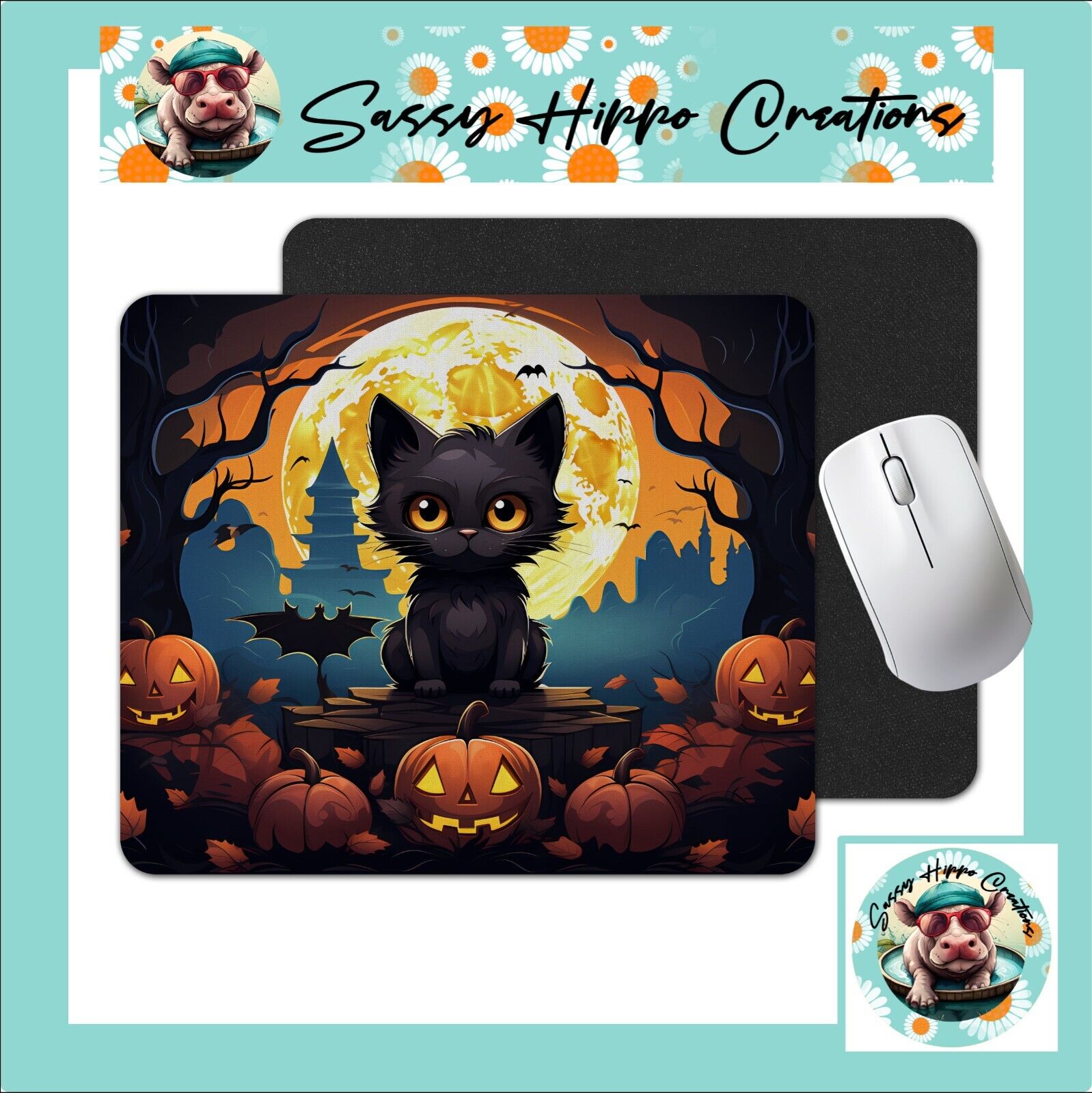 Mouse Pad Spooky Black Cat Jack O Lantern Halloween Anti Slip Back Easy Clean
