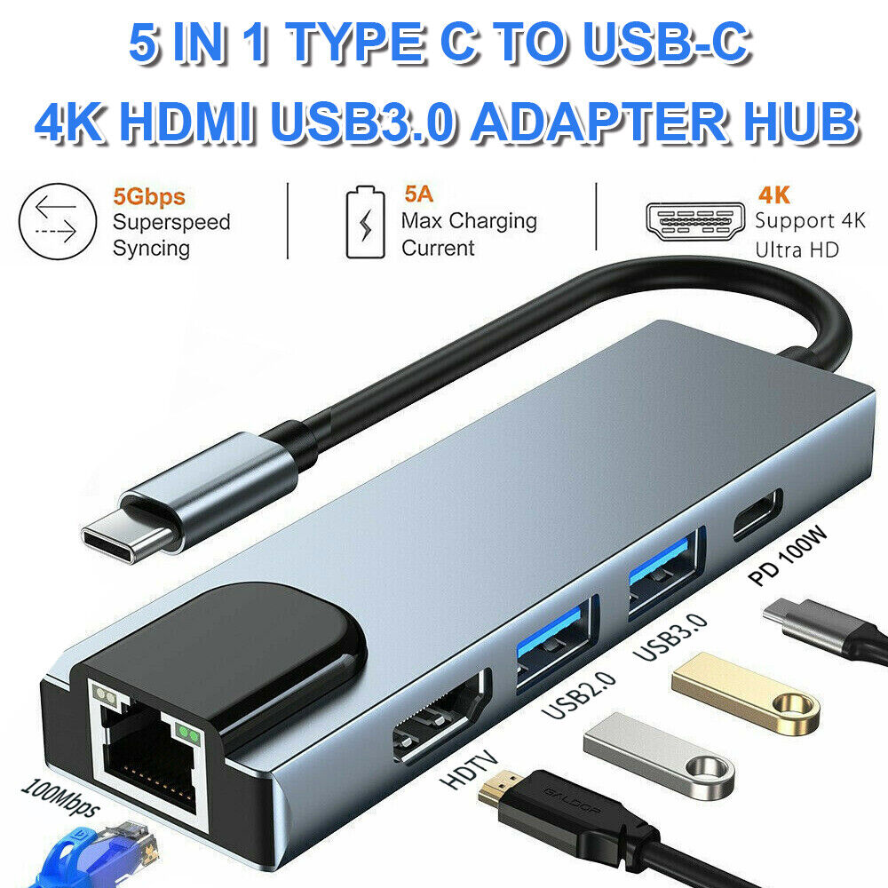 5 In 1 Type-C to HDMI Hub USB C PD Charging RJ45 Ethernet Adapter for Macbook
