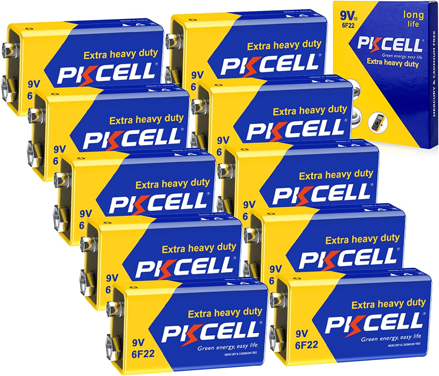 PKCELL 9V Battery Carbon (10 Count) Zinc for Smoke Detectors 6F22 Battery, 10-Ye