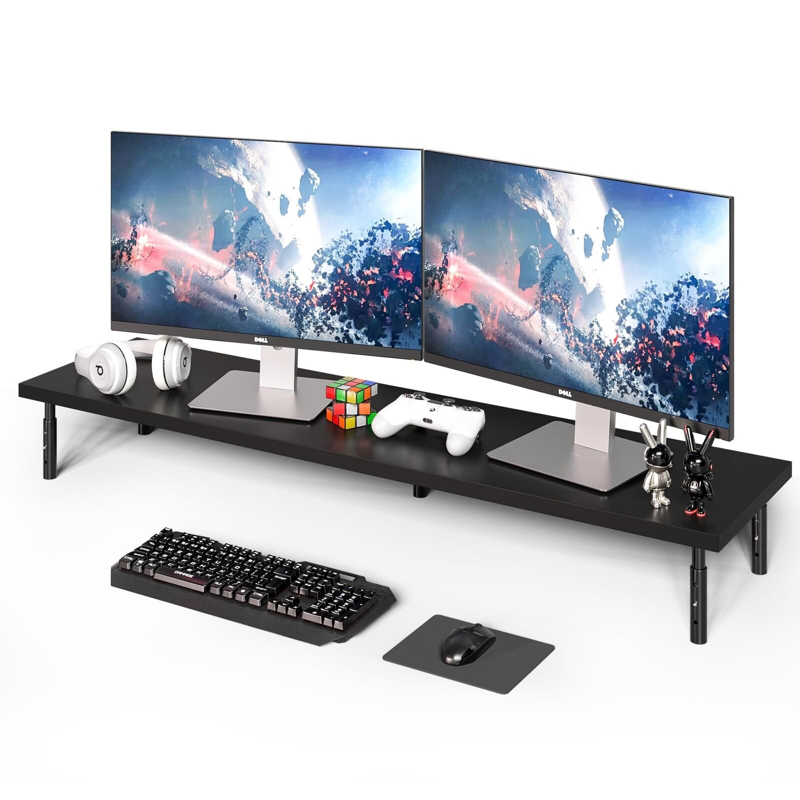Weenson Dual Monitor Stand for Desk-Black Bamboo Monitor Stand Riser for 2 Mo...