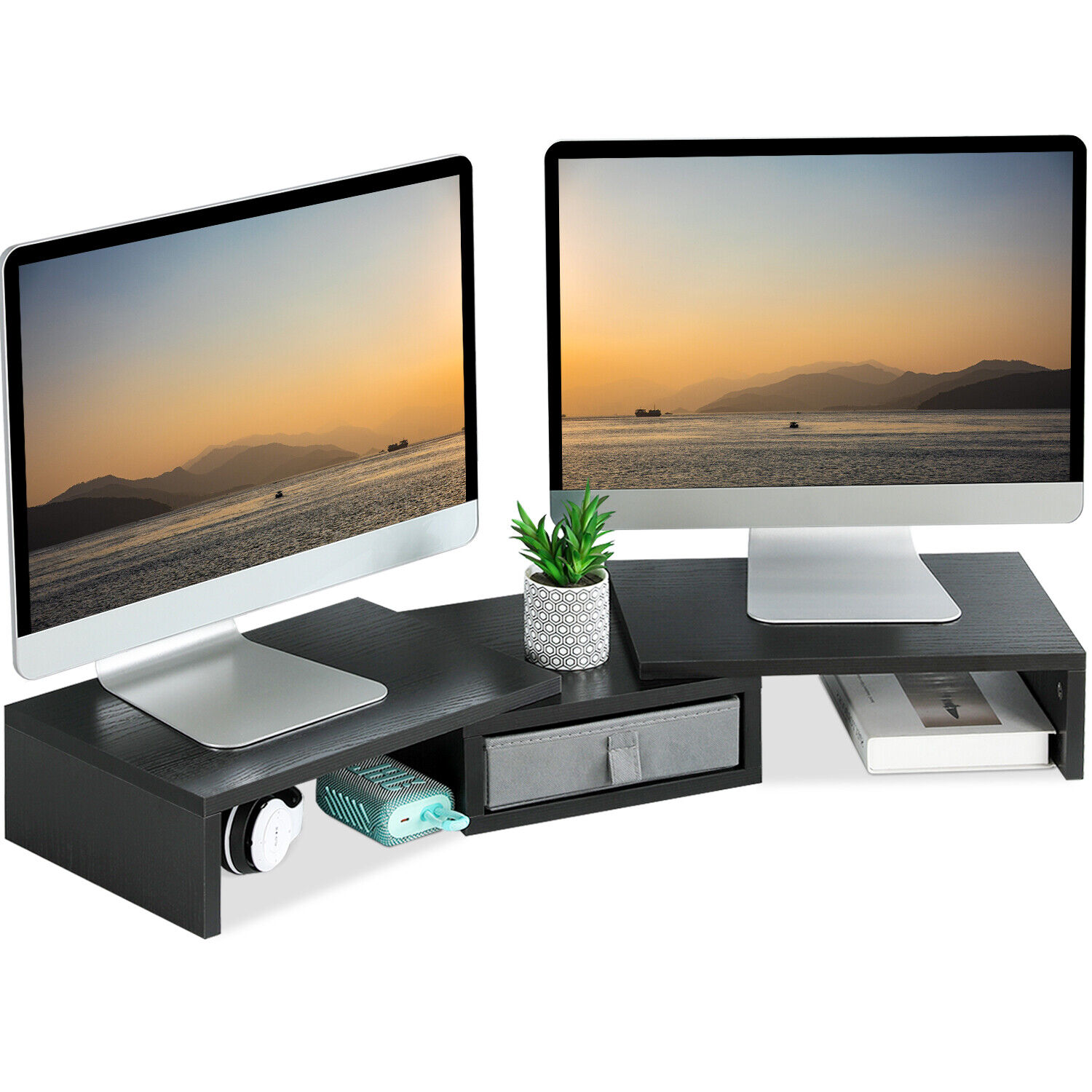 Dual Monitor Stand Riser with Drawer Organizer 37 inch Corner Desk Shelf Black 