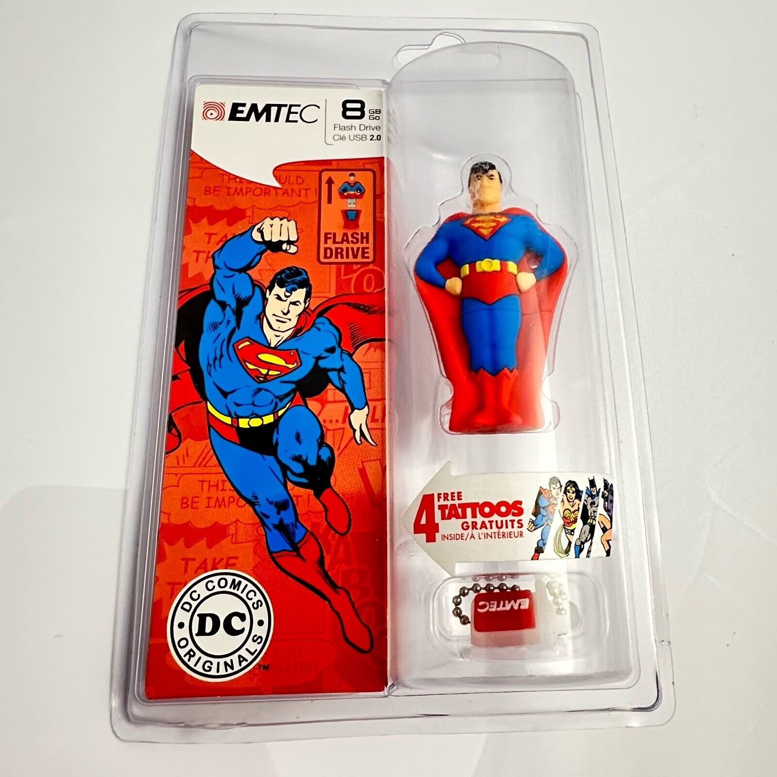DC COMICS EMTEC Superman figure 8 GB USB 2.0 Flash Drive 4 Tattoos 