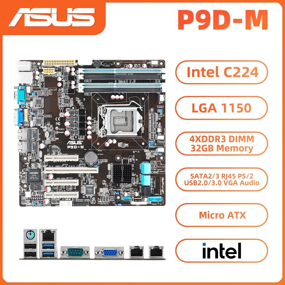ASUS P9D-M Motherboard M-ATX Intel C224 LGA1150 DDR3 SATA2/3 VGA PS/2 RJ45 D-Sub