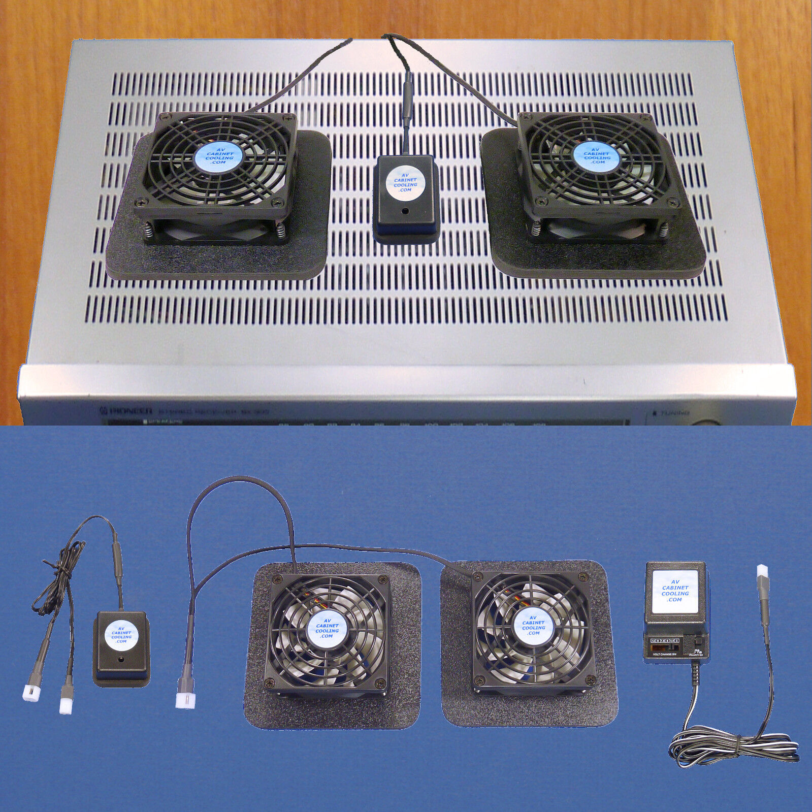 Amp/Receiver component cooling fans with thermoswitch & multi-speed fan control