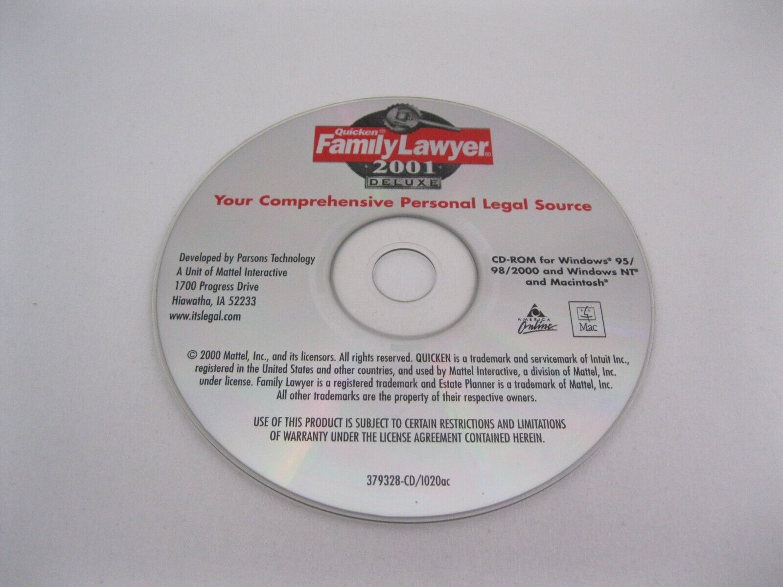 Quicken Family Lawyer 2001 Deluxe CD-ROM Windows 95/98-2000 Mattel Legal Source
