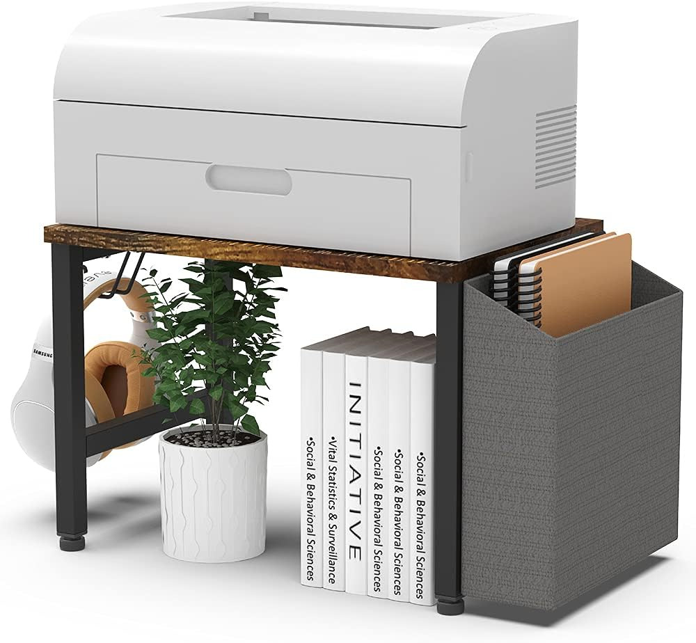 VEDECASA Vintage Wood Desktop Printer Stand Holder with Storage Bin Hook for Hom