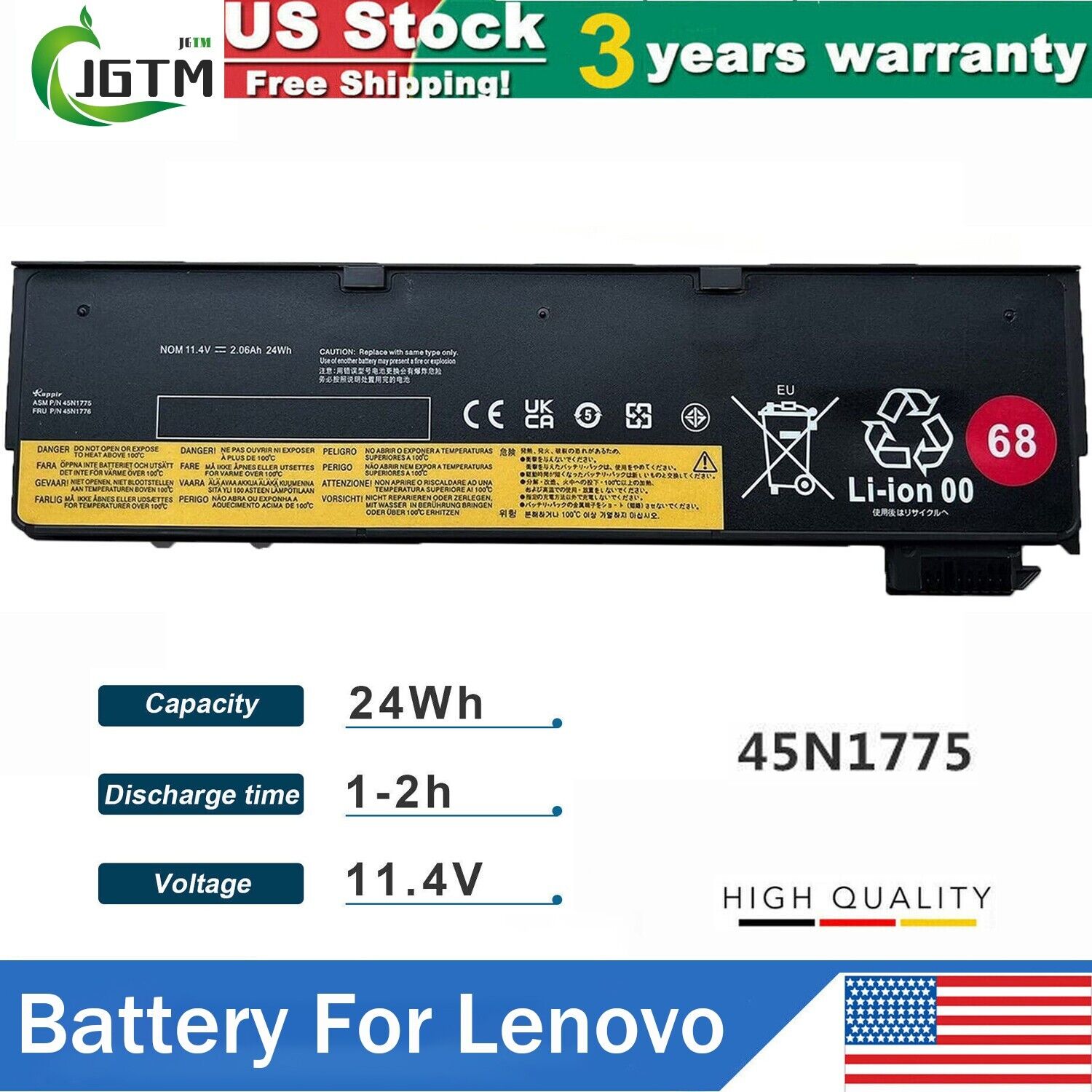 45N1775 45N1776 68+ Battery for Lenovo ThinkPad T440 T440S X240 X250 X260 24Wh