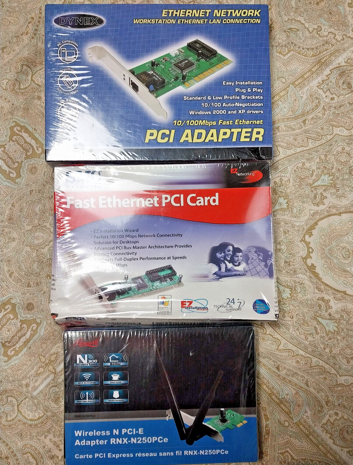 Lot 3 Vintage New Sealed Computer PC PCI Adapters Cards Ethernet, Wireless