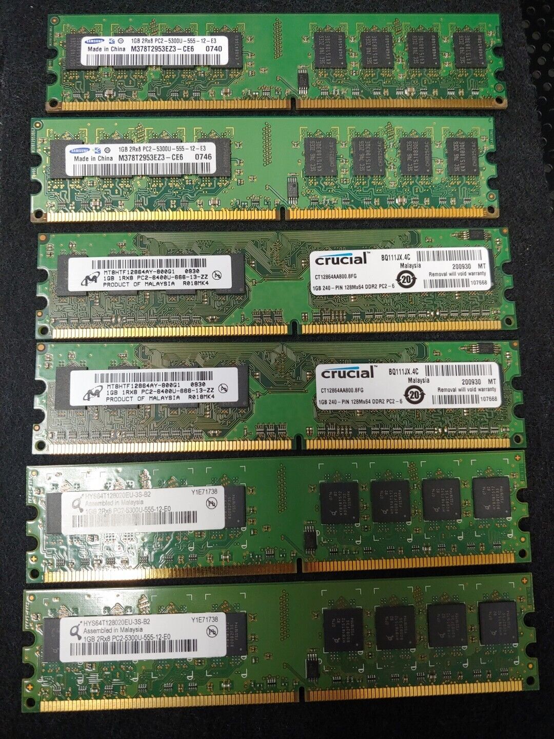 Samsung Micron Qimonda DDR2 1GB Mixed Lot (6×) 2Rx8 - 1Rx8 RAM PC2-6400U /5300U