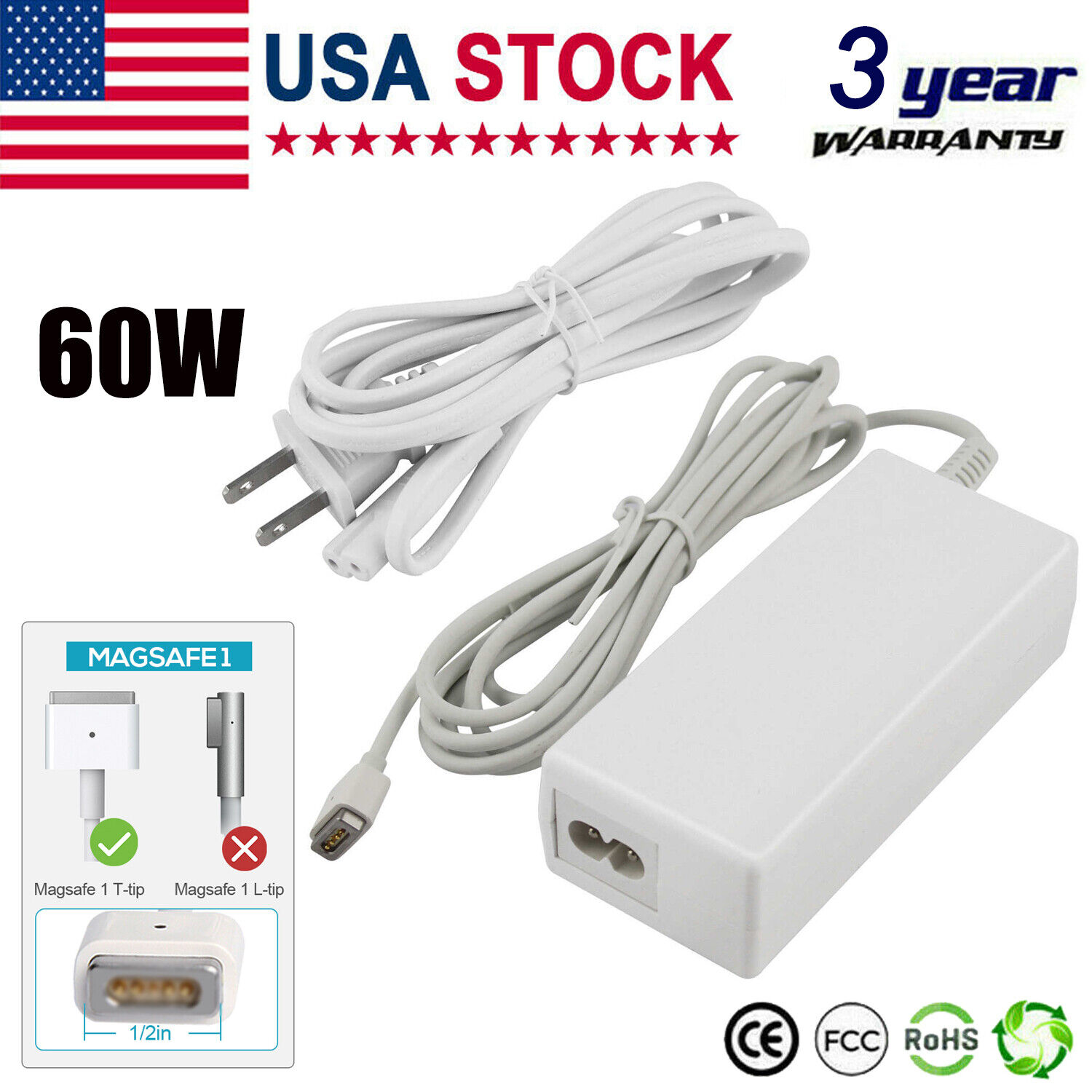 60W T-Tip Magnetic Charger Power Adapter Replace For Macbook Pro 13\