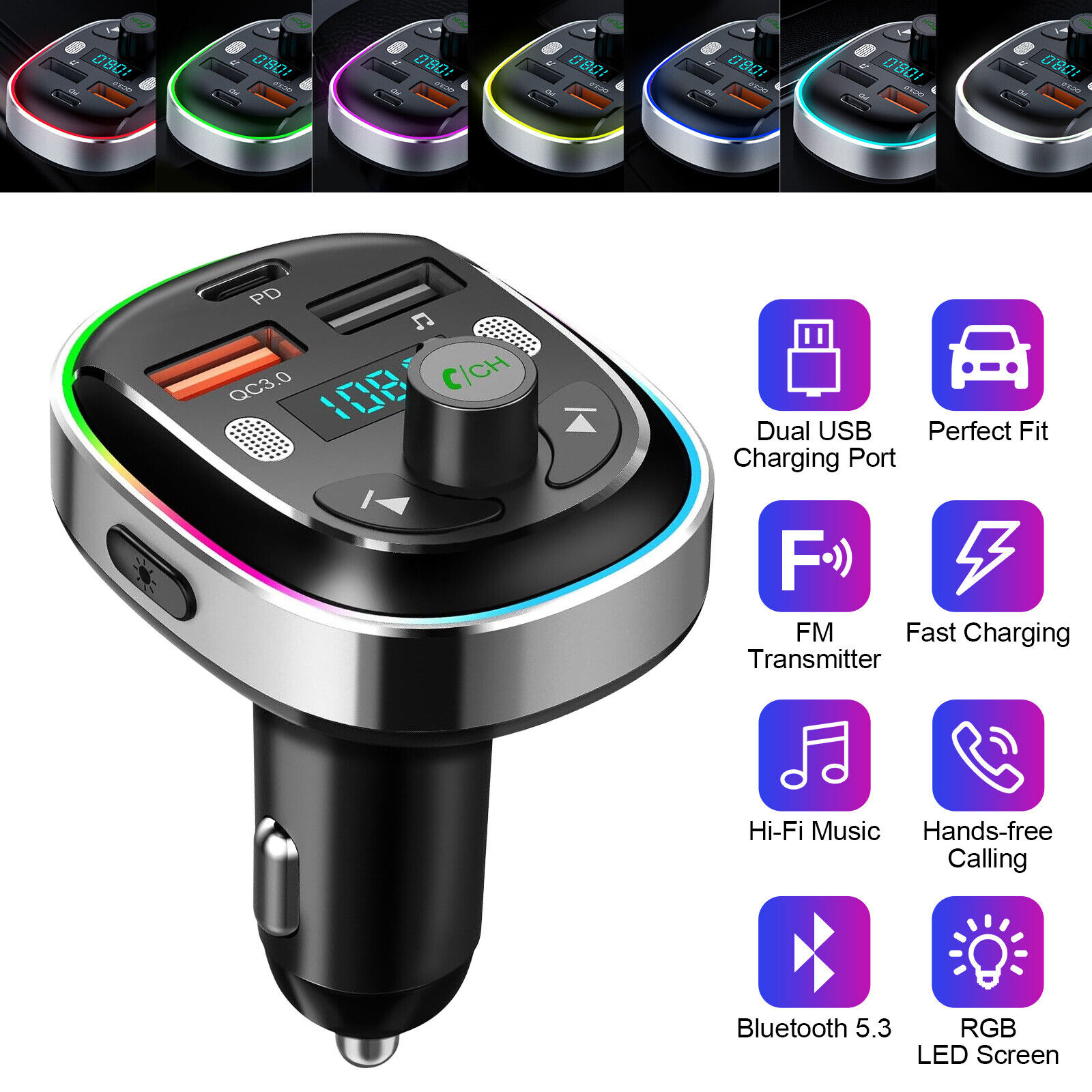 Bluetooth5.3 MP3 Player FM Transmitter Wireless Radio Adapter USB PD Car Charger