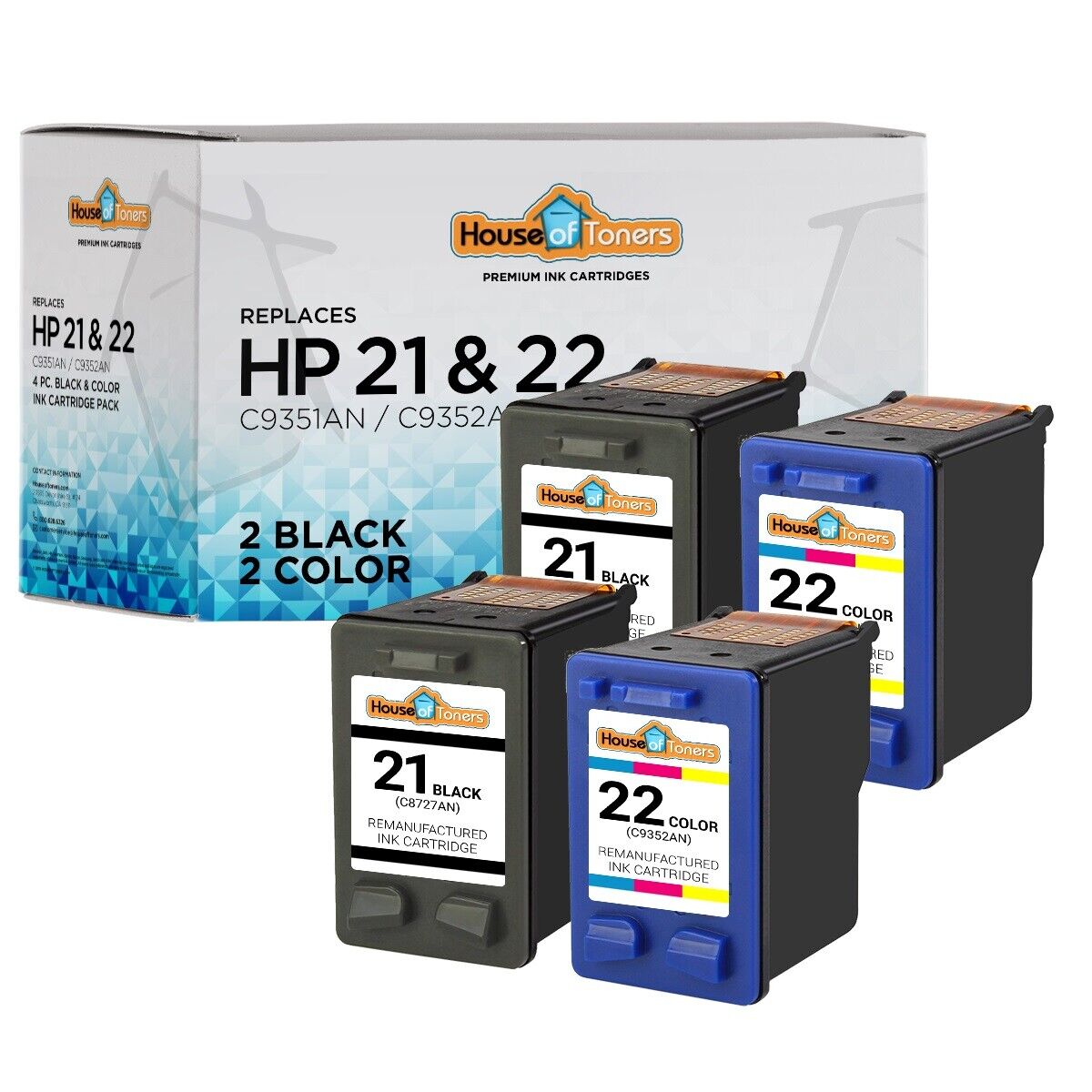 4 PK for HP 21 & 22 Blk/Clr Ink for Deskjet D1360 D1400 D1550 D2320 D2360 D2400