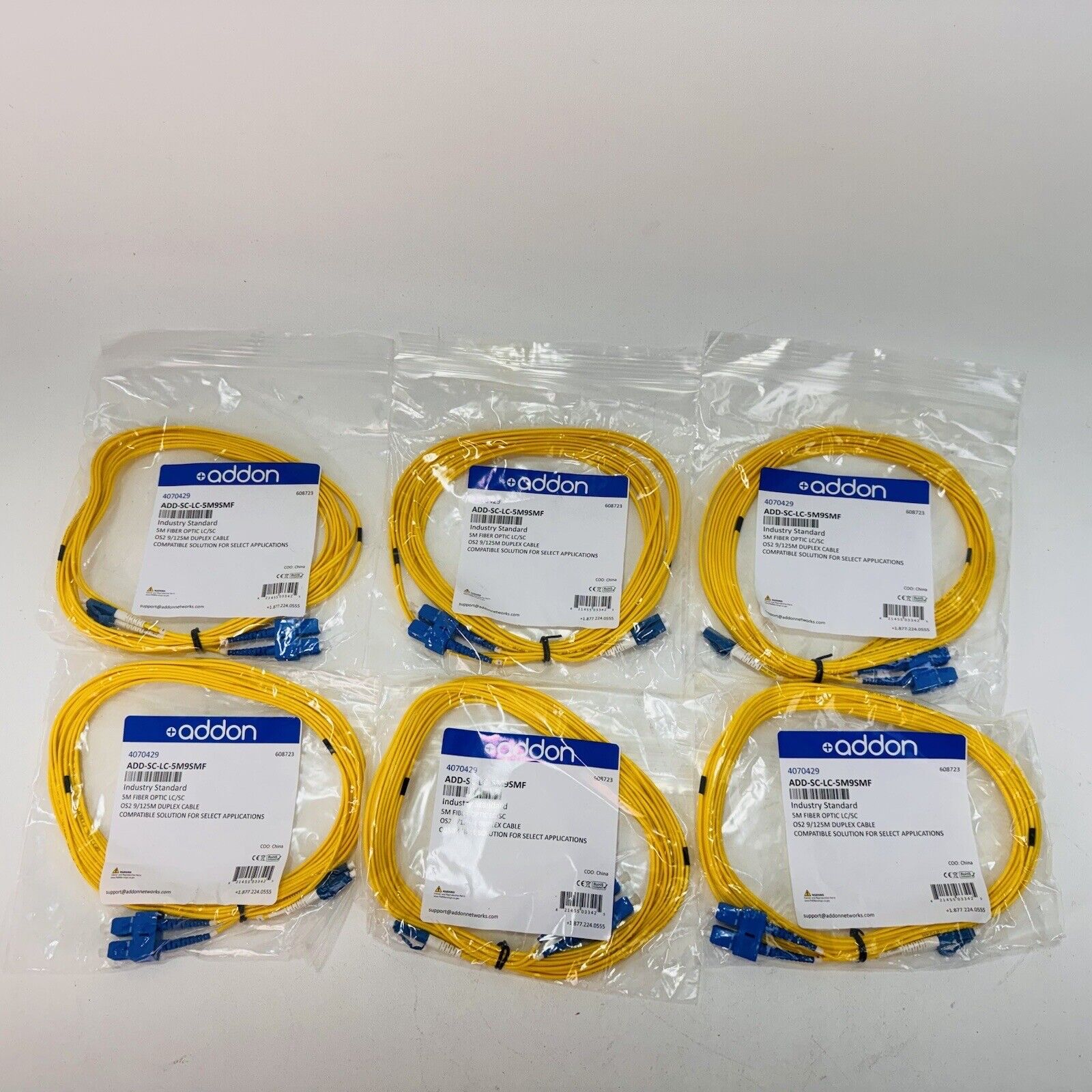 6X - AddOn 5m Single-Mode Fiber SC/LC OS1 Yellow Patch Cable ADD-SC-LC-5M9SMF