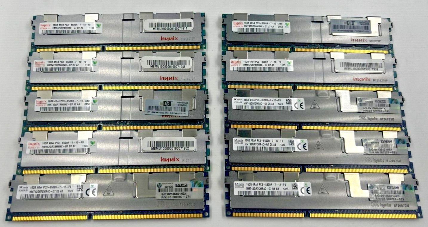 SERVER RAM - MIX *LOT OF 10* 16GB 4RX4 PC3 - 8500R (HYNIX , SK HYNIX)  /TESTED