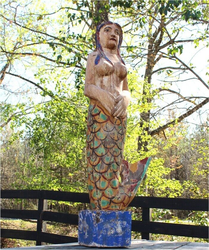 4 Ft Hand Carved Standing Mermaid Statue with Painted Finish