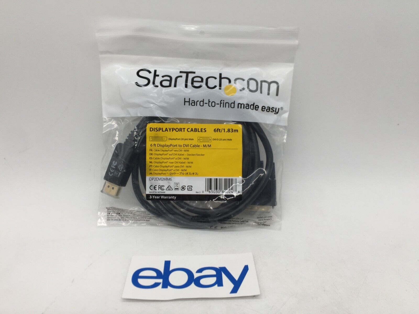 NEW StarTech.com 6ft DisplayPort to DVI Cable FREE S/H
