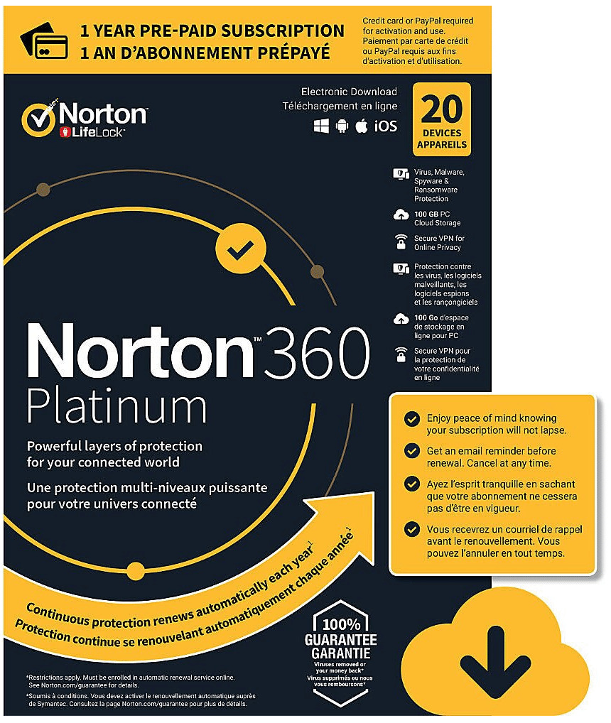 Norton 360 PLATINUM for 2024, 1, 3, 5, 10, 20 Devices 100GB VPN Parental Control