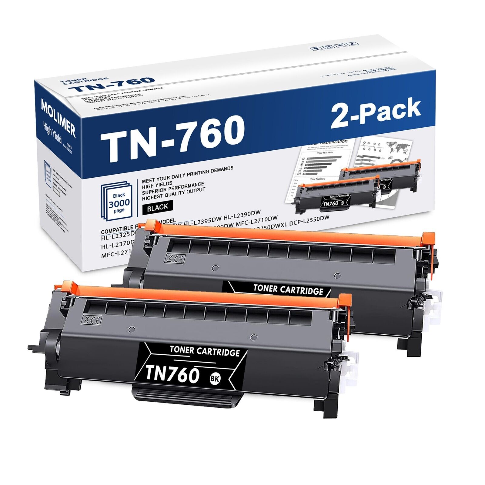 TN760 High Yield Toner Cartridge Compatible for Brother DCP-L2550DW Printer 2BK
