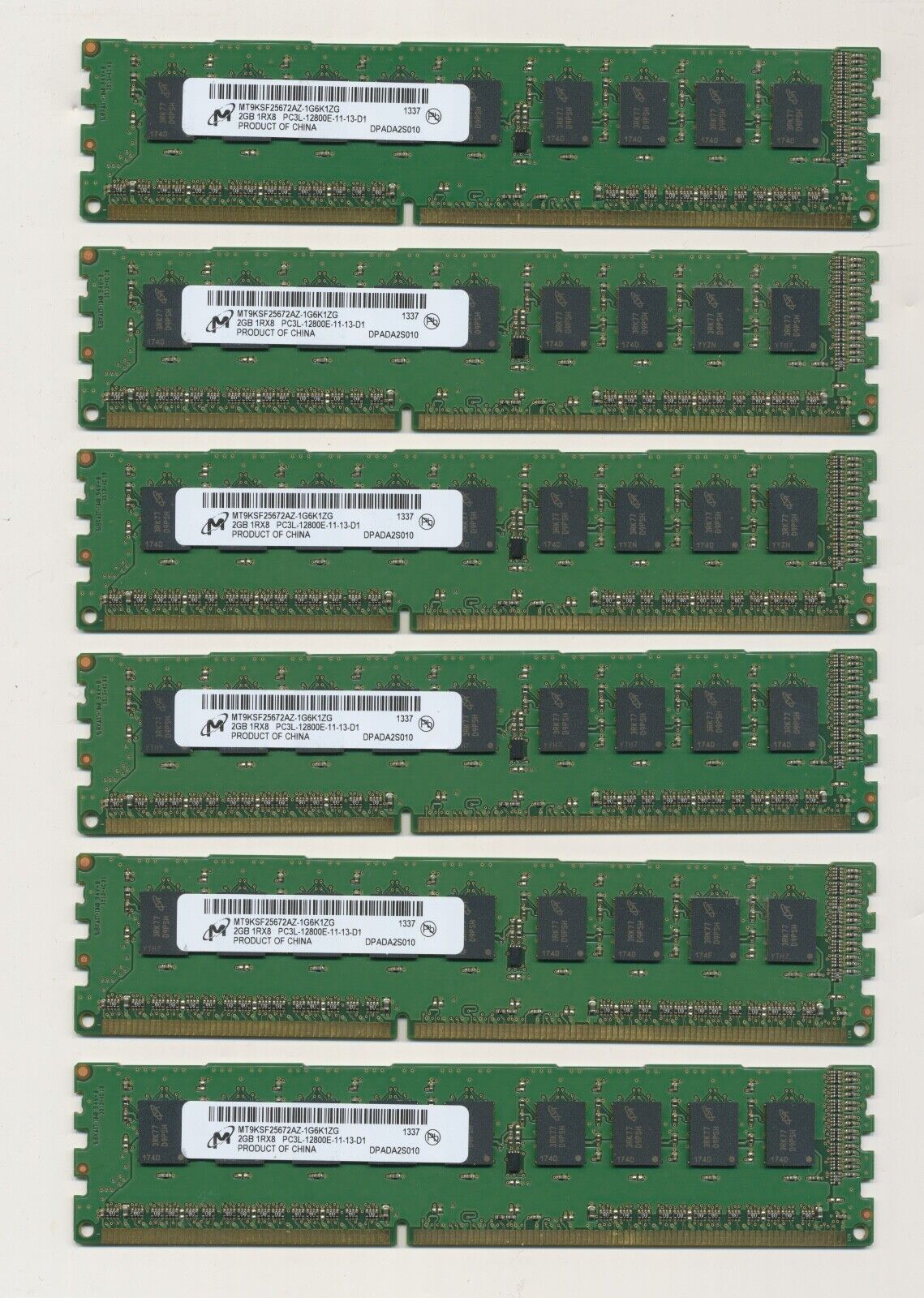 LOT OF 6 x 2 GB 1R8 PC3L-12800E ECC SERVERS/WORKSTATIONS RAM. TOTAL 12 GB.