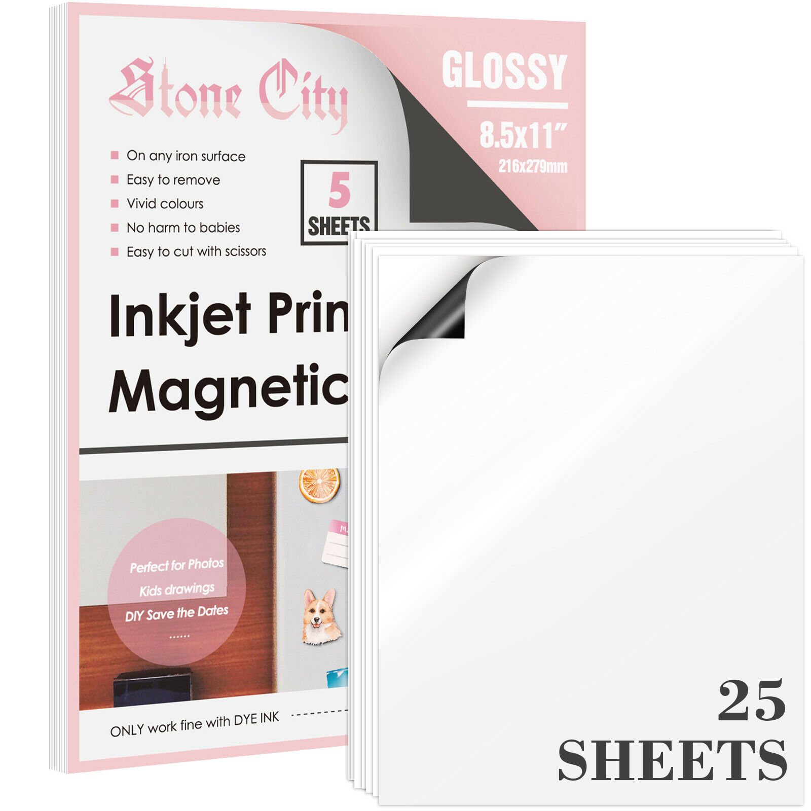 Glossy White Printable Magnet Paper 25 Sheets for Inkjet Printer Cutable 8.5x11