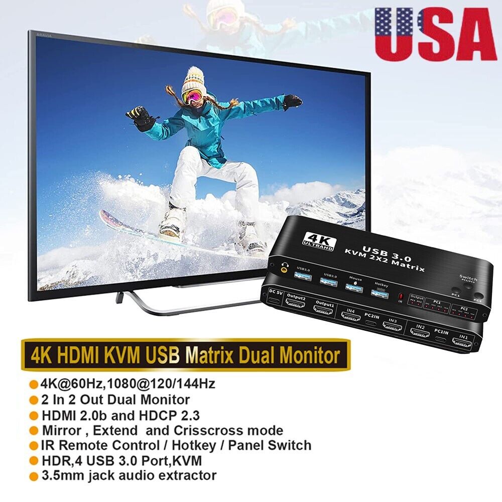 2X2 USB3.0 HDMI KVM Matrix Switch 4K Dual Monitor Extended Display Switcher USA