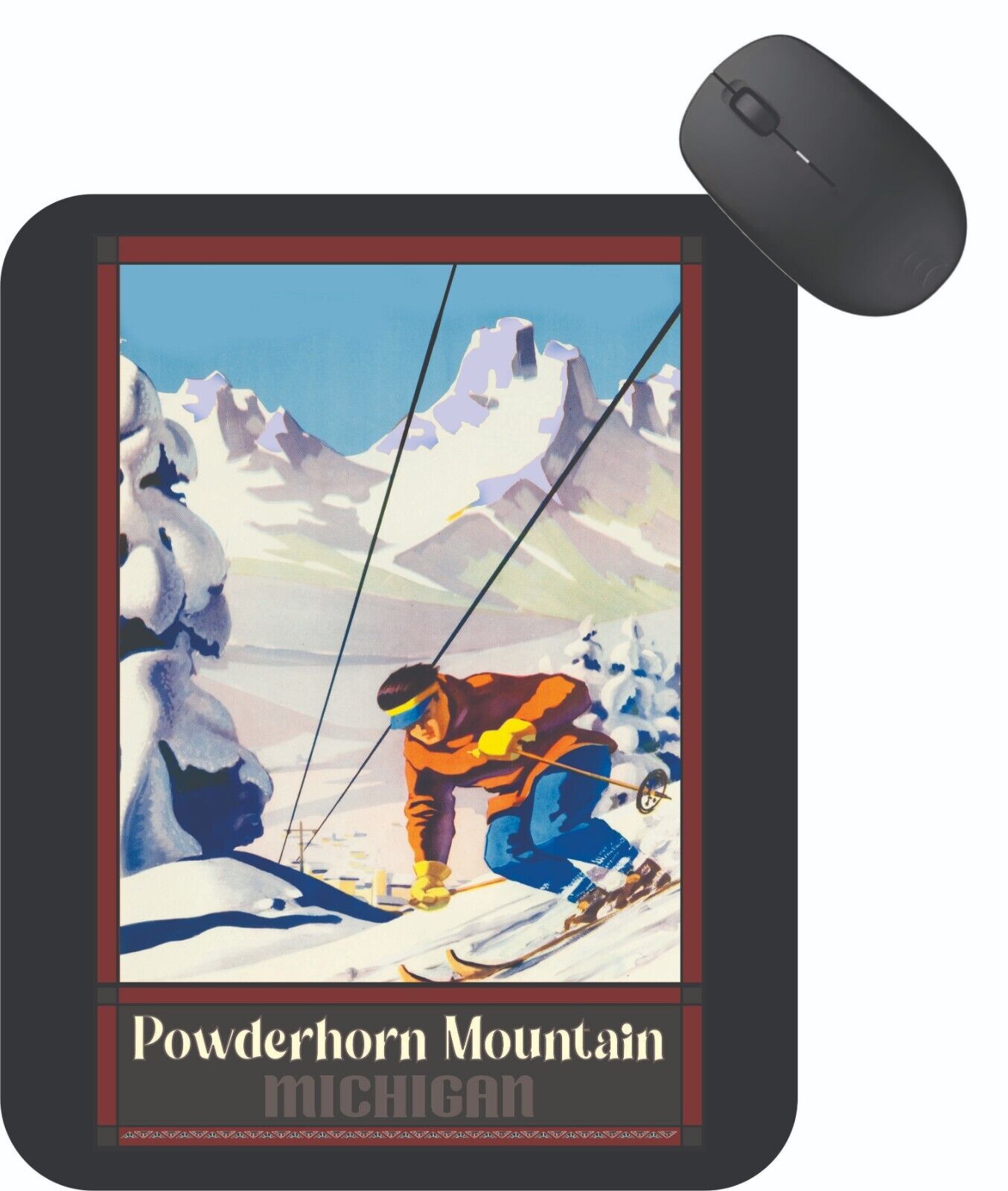 Ski Powderhorn Mtn, MI Mouse Pad Skiing Travel Poster Art & Downhill Slopes