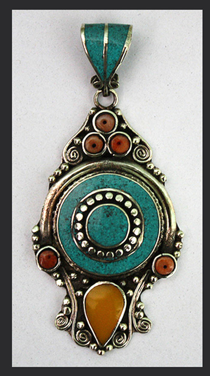 Sterling Silver Pendant Ethnic Turquoise Tribal Necklace Nepalese Handmade P90