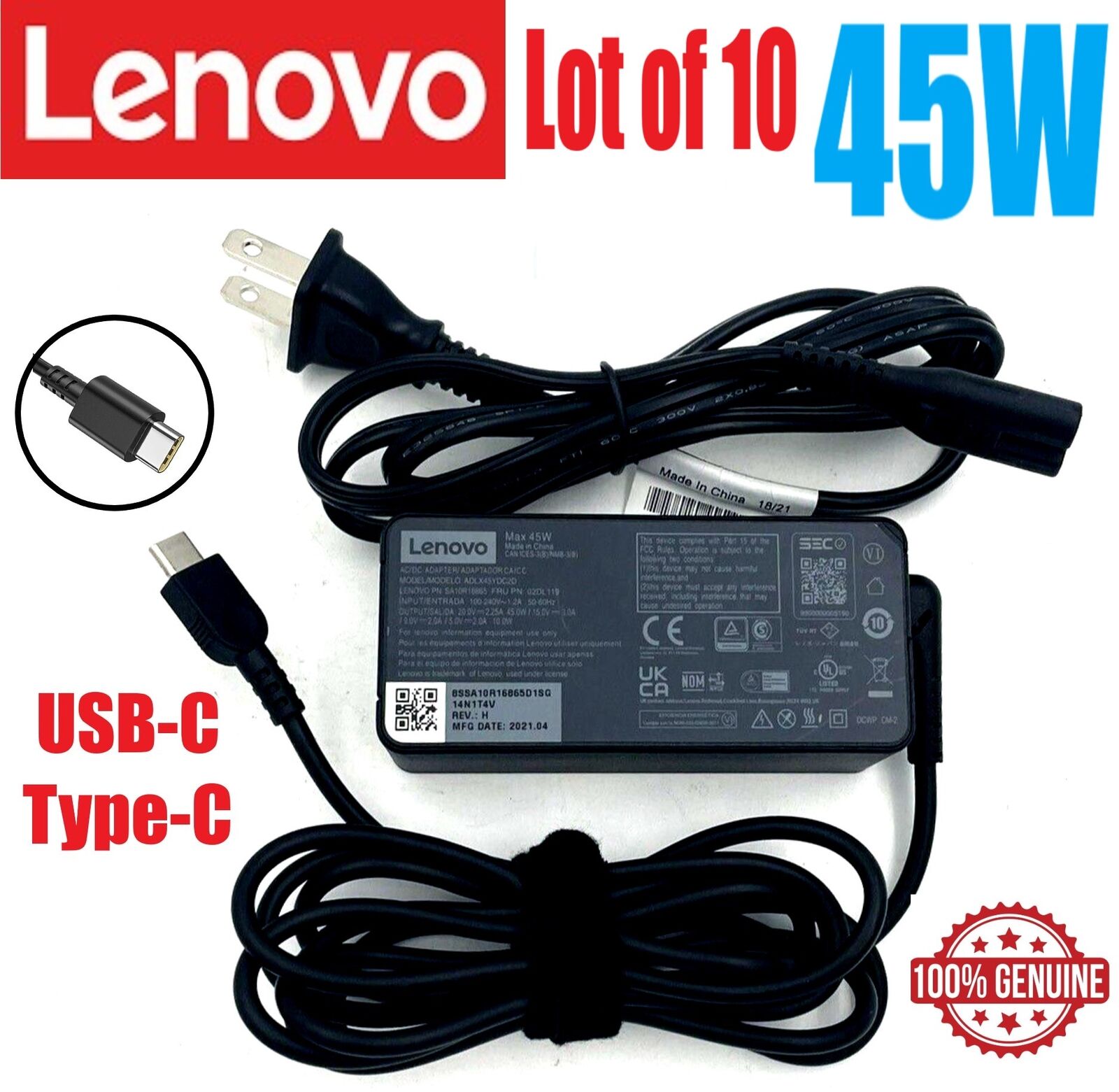 LOT 10 Lenovo IdeaPad Yoga Carbon USB-C TYPE-C 45W 20V 2.25A AC Adapter Charger