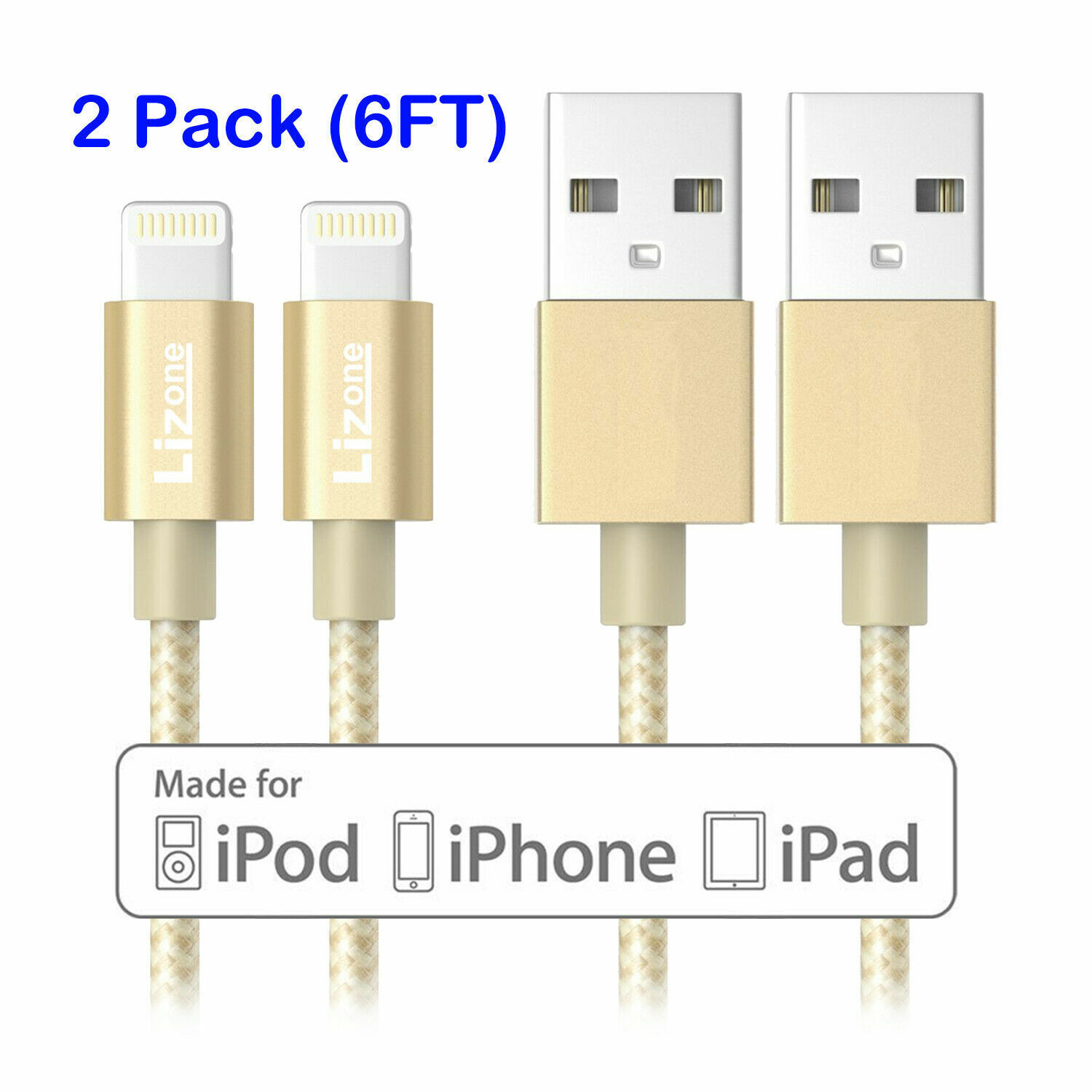 2X Lightning Cable 6Ft iPhone iPad iPod Charger Cord MFi Certified Nylon Gold