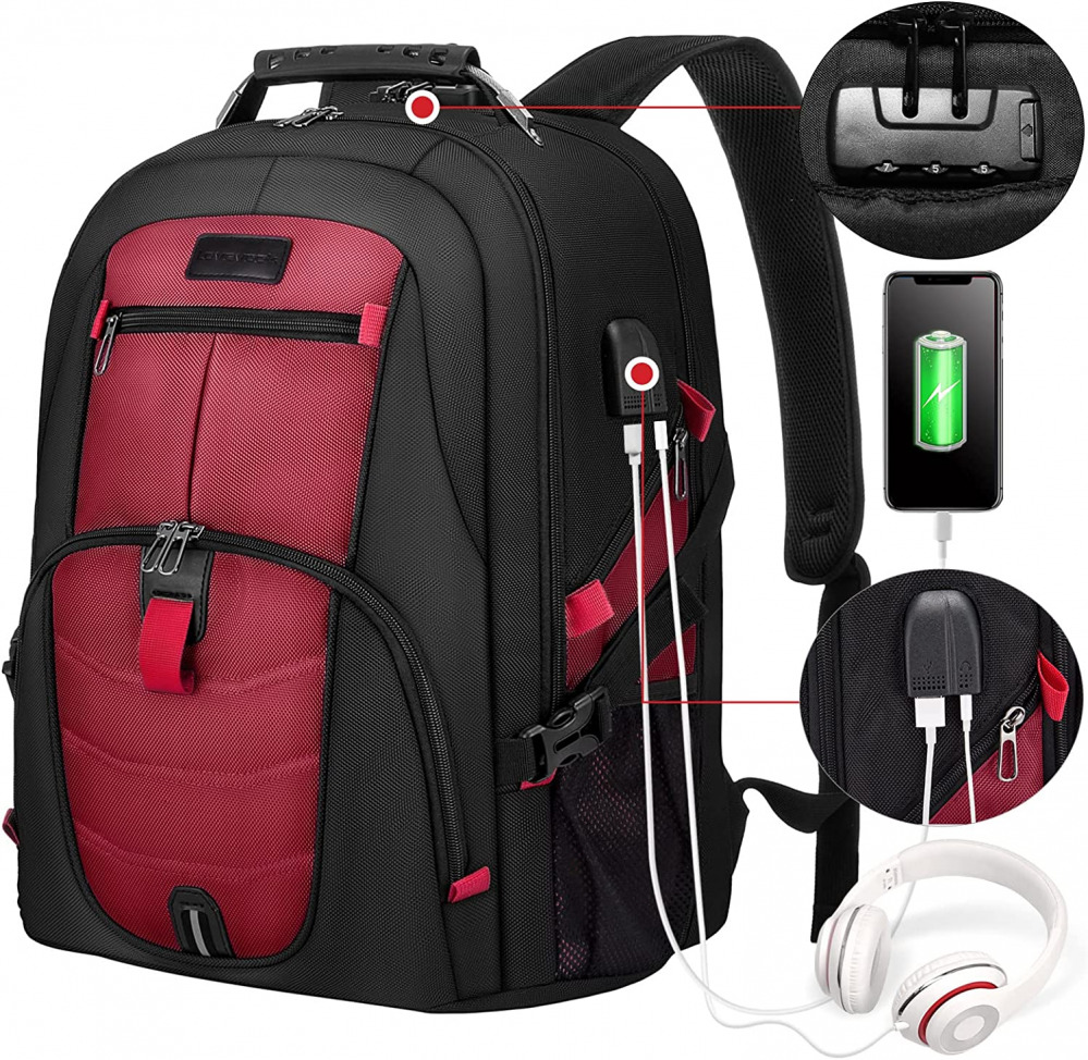 Travel Laptop Backpack Waterproof Anti Theft with Lock 17 inch, Red 