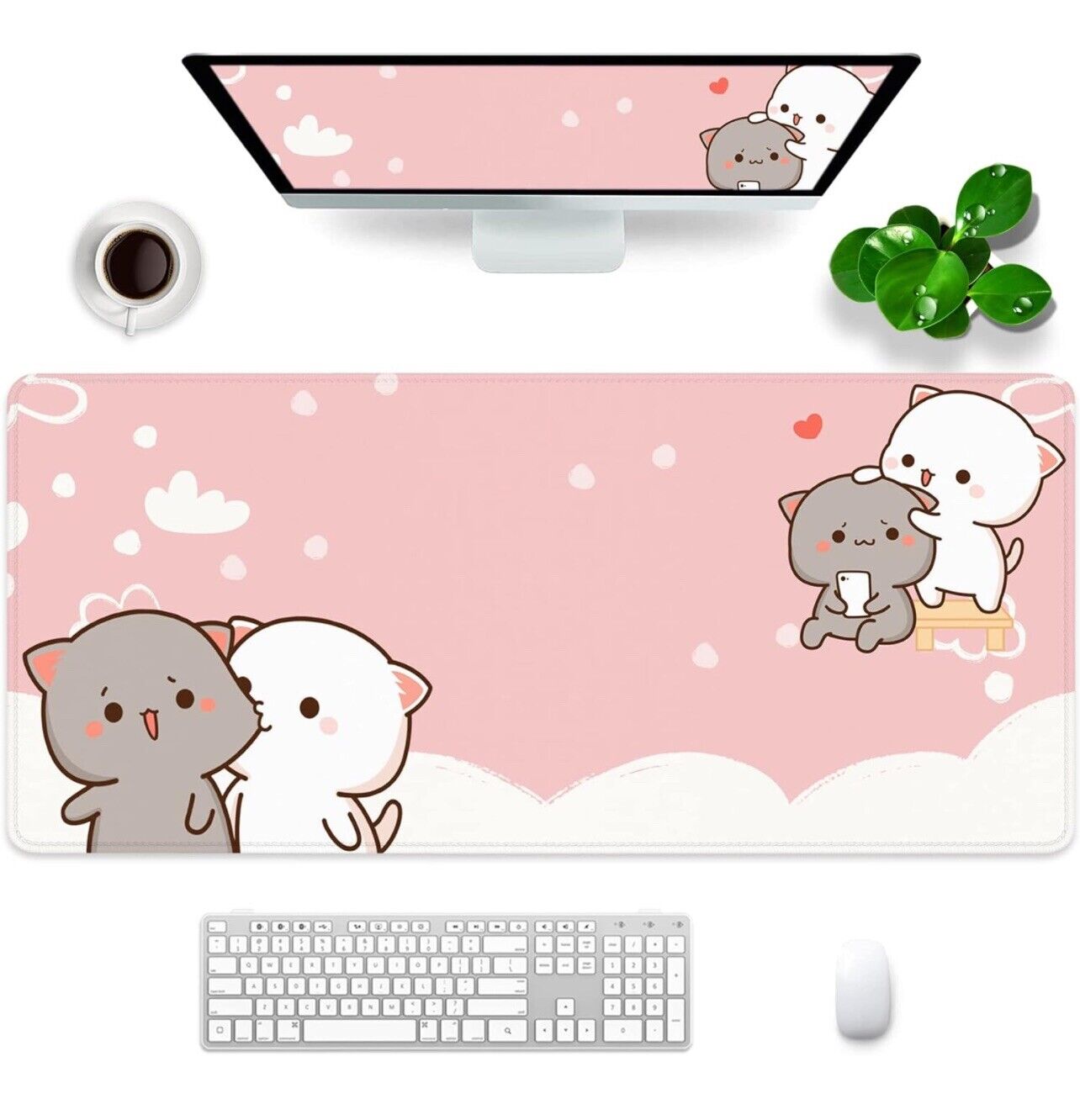 Pink Gaming Mouse Pad Cute Large Kitty Cat 35X15.7X0.12 Inch Extra Large Rubber 