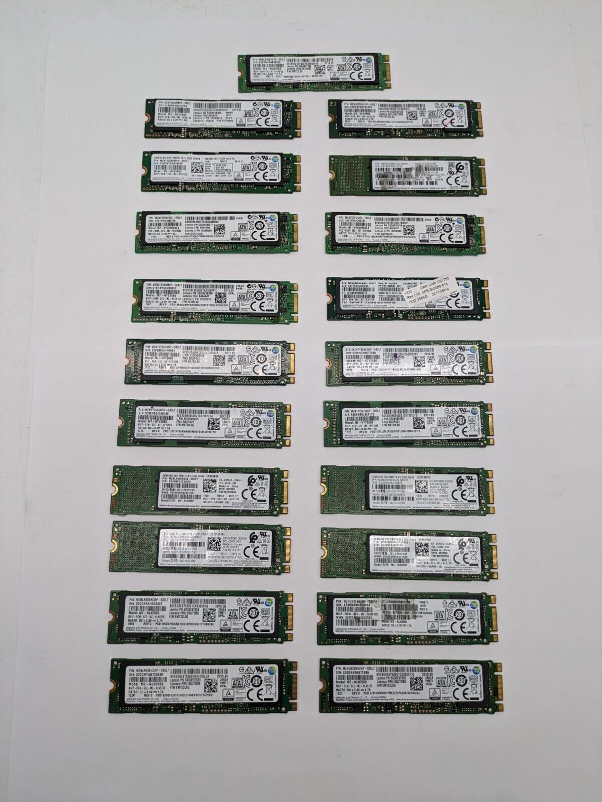 Lot of 21 Various Samsung M.2 256GB SATA 2280 Solid State Drive