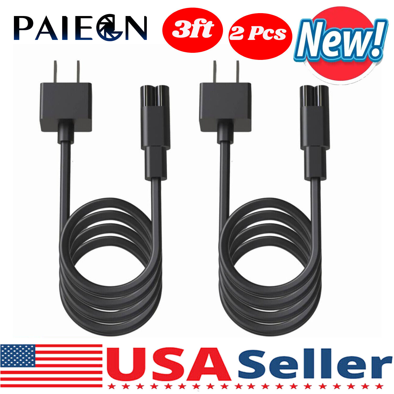 Paiegn 2pcs AC  Power Supply Adapter Cord Cable Connectors 2-prong 1m US Plug