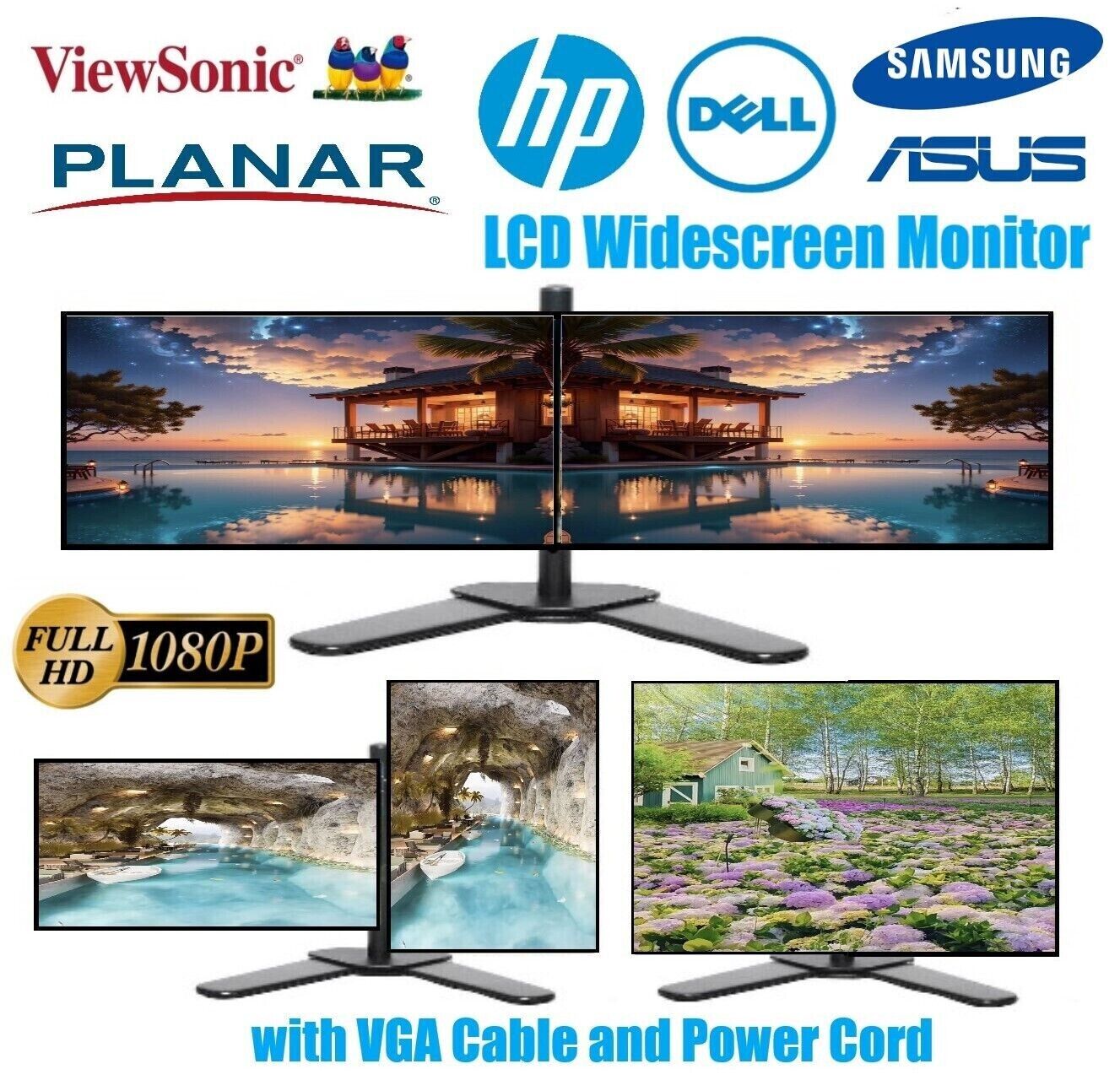2 X HP Dell Major Brands 22 inch 2-in-1 Stand FHD 1080p LCD Monitor VGA Cable