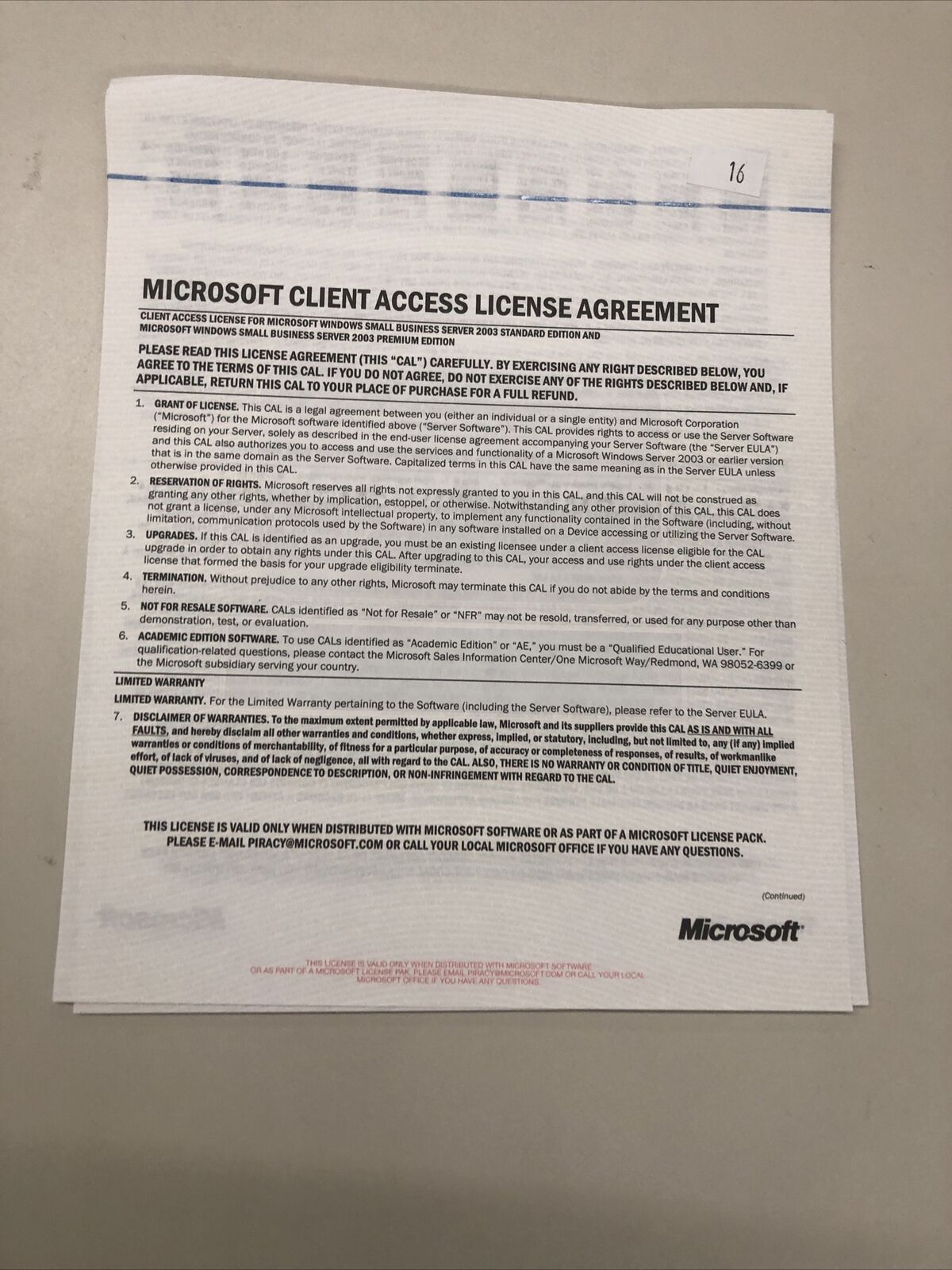 MICROSOFT WINDOWS SMALL BUSINESS SERVER 2003 LICENSE CODE - PREOWNED UNSEALED