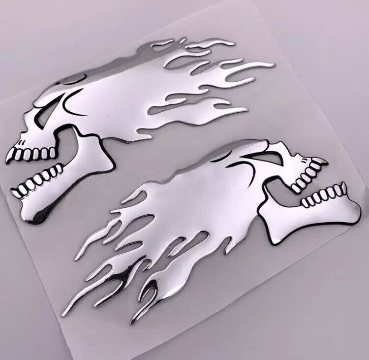 NEW Pair of 6” 3D Silver Metallic Flaming Skulls Car Laptop Phone Sticker Decal