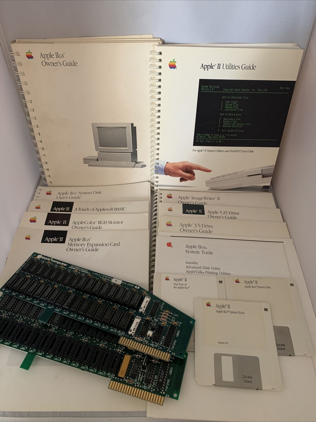 Vintage Apple IIGS Manual Bundle+Mem Exp Card+Floppies -used- see below for more