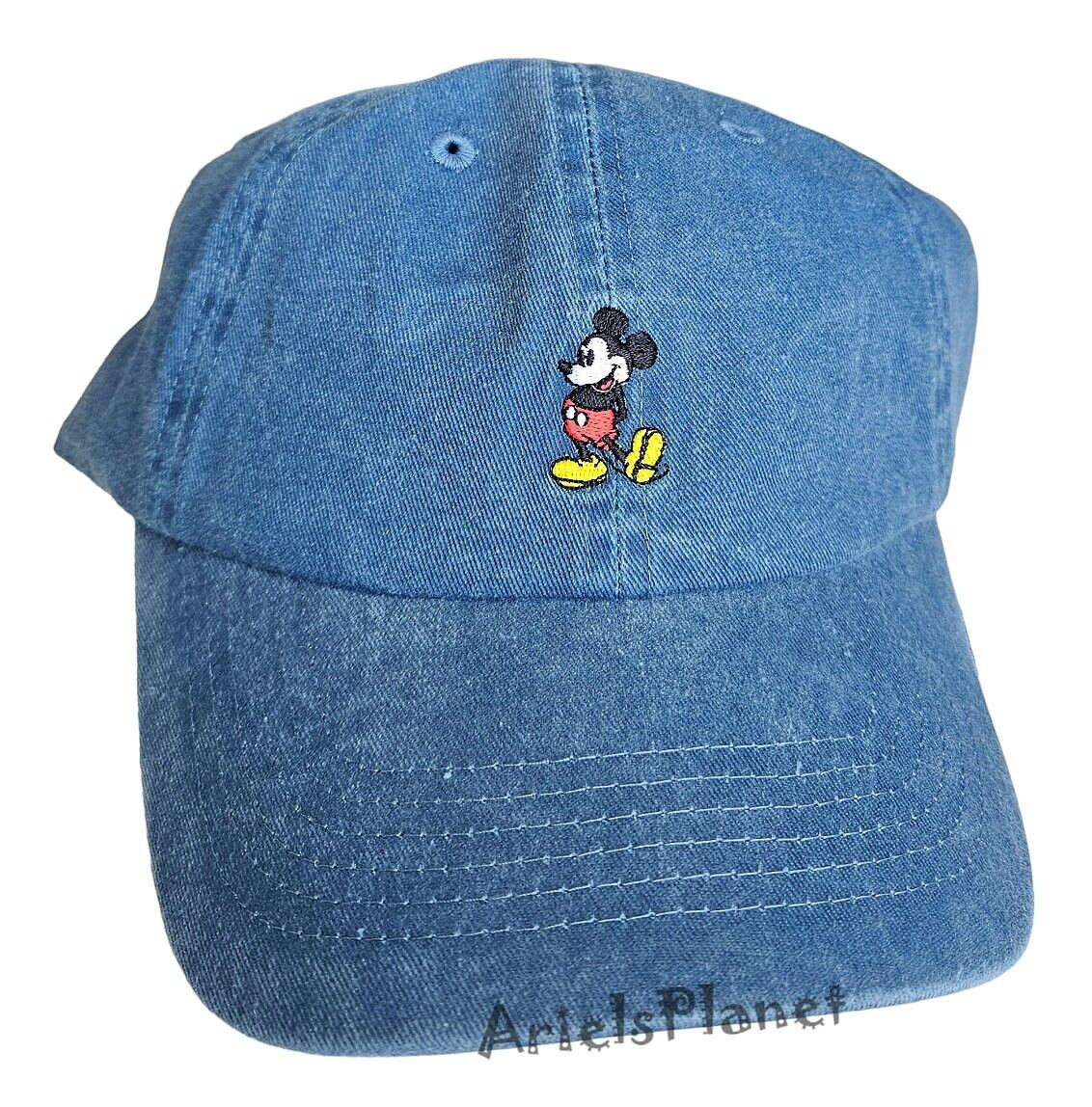 Disney Parks Mickey Mouse Strap Back Blue Denim Embroidered Baseball Hat Cap