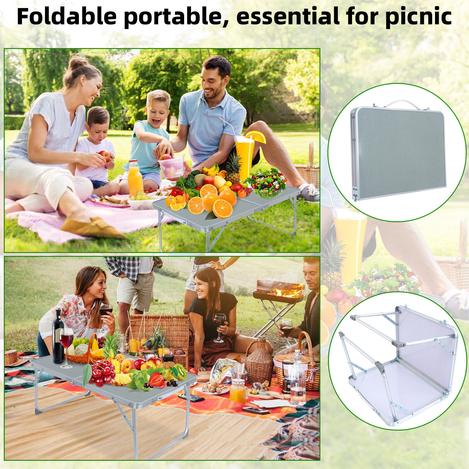 Large Foldable Alloy Picnic Table Portable Bed Tray WITH Carry Handles Desk