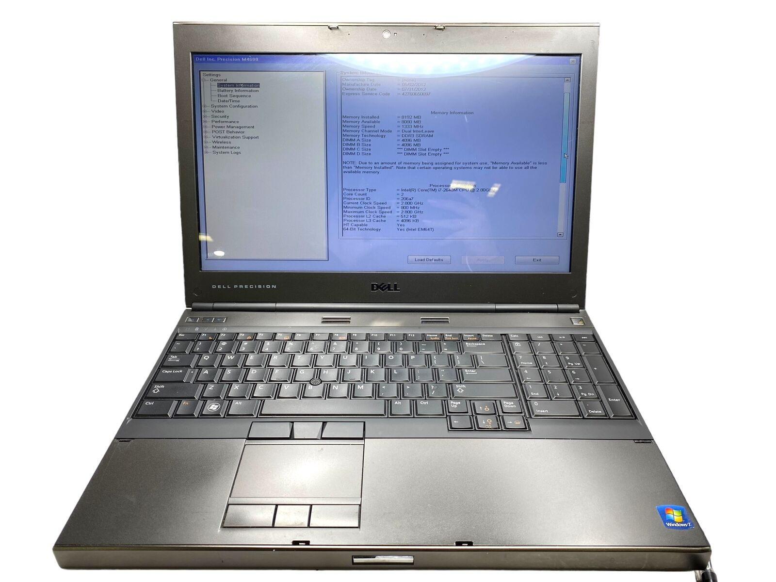 Dell Precision M4600 I7-2640M 2.80GHz No HDD 8GB Ram No OS No Battery Laptop PC
