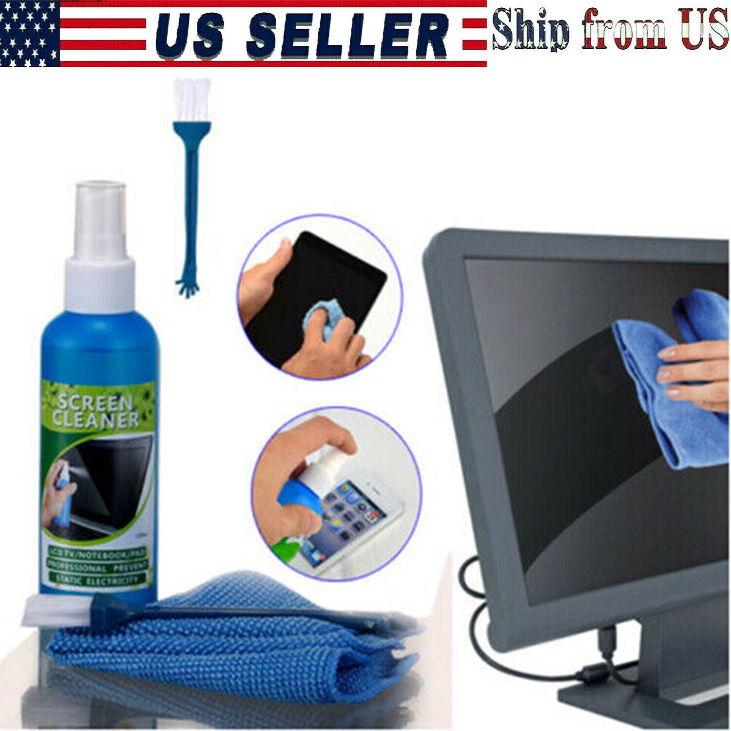 Screen Cleaning Kit Cleaner Spray Brush Microfiber Cloth Wipe Phone TV Camera