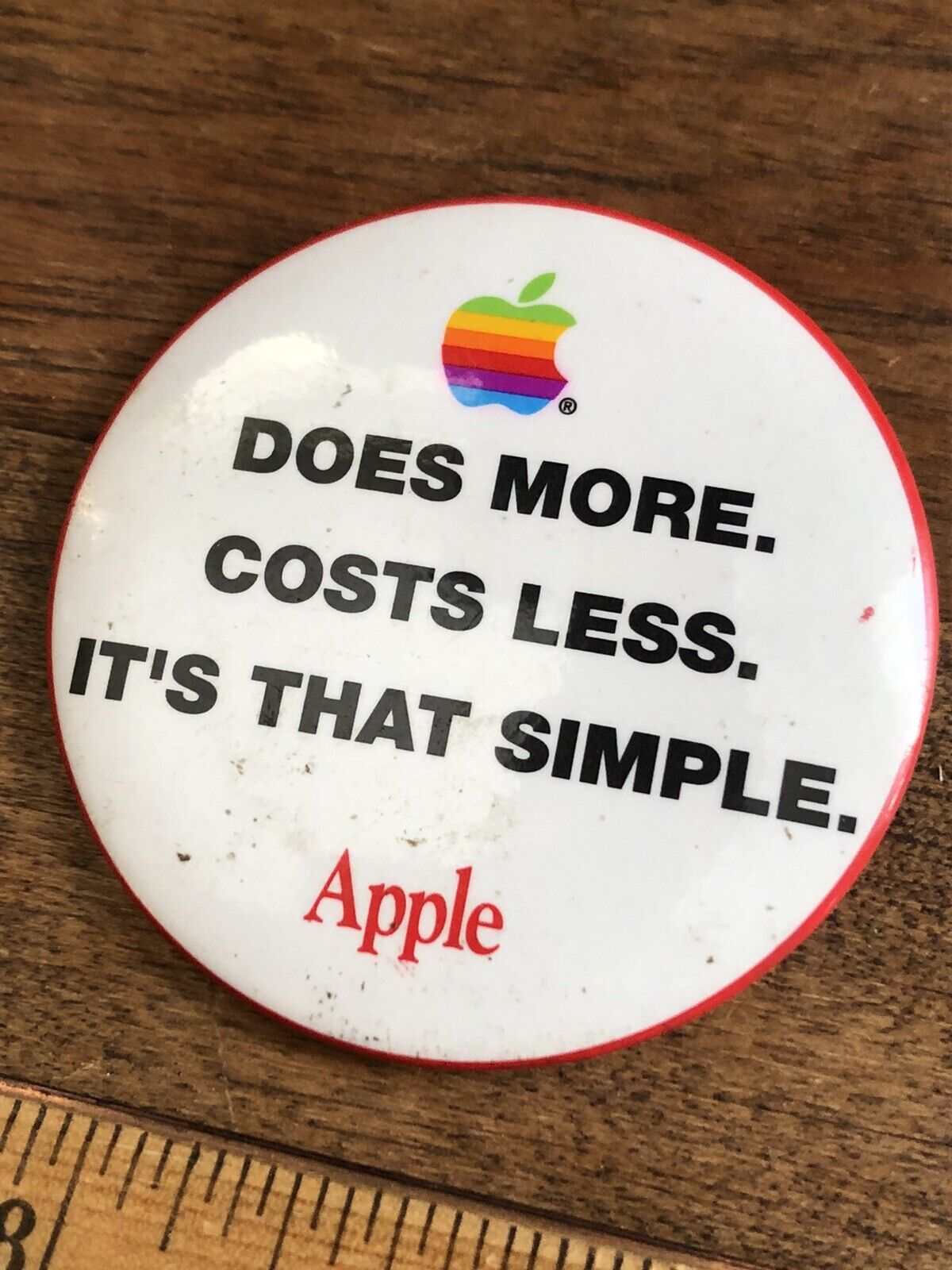 Vintage Apple Computer Employee Pin Back Button, Does More. Costs Less.