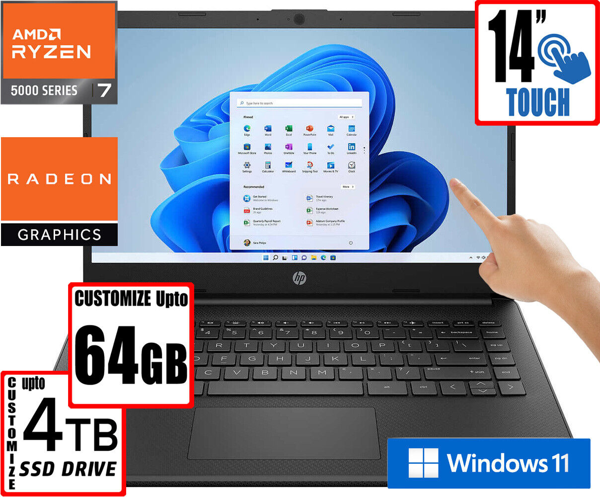 HP - 14 Inch Touchscreen Laptop AMD Ryzen 7 Custom upto 64GB RAM & 4TB SSD Win11