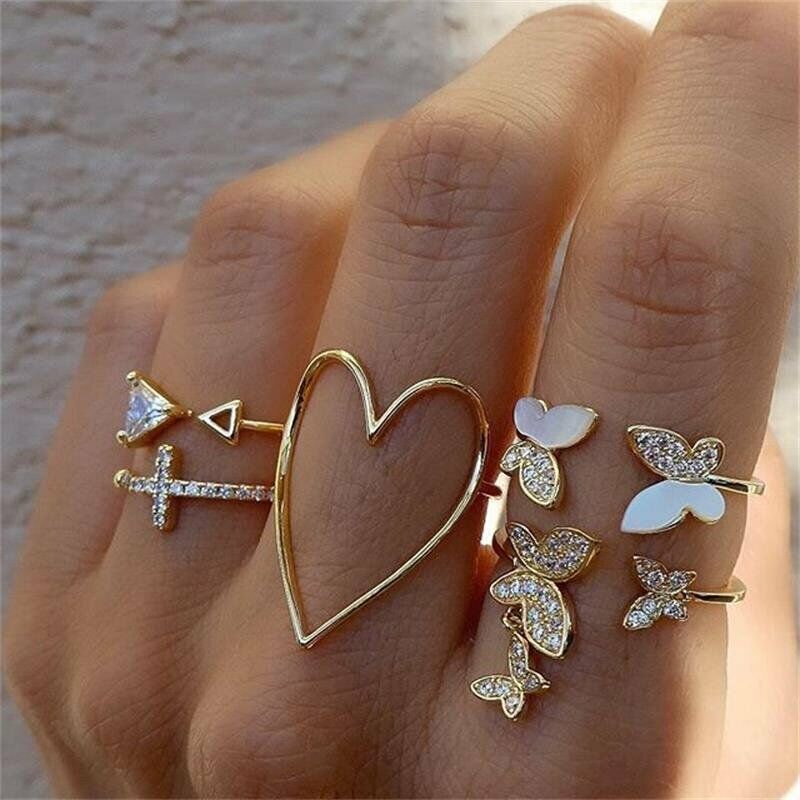 5Pcs/Set Butterfly Crystal Rings Set Finger Knuckle Midi Ring Women Jewelry Gift