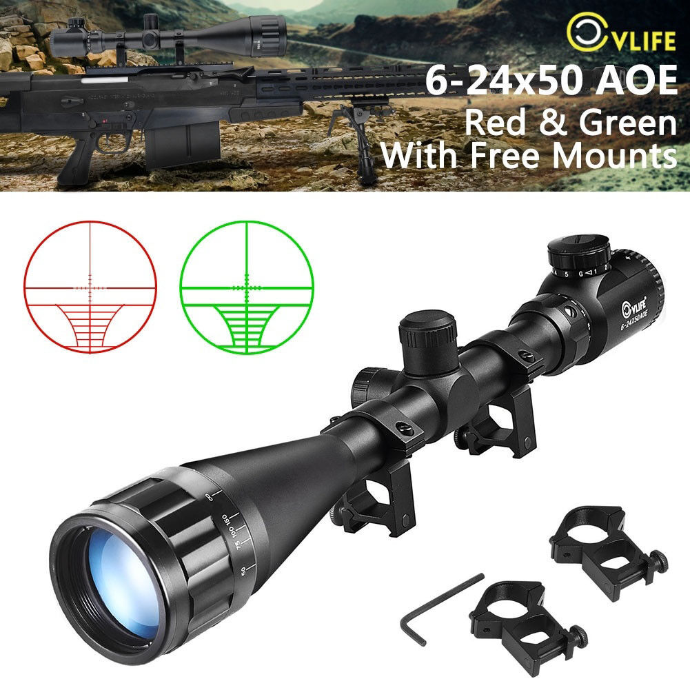 Cvlife 6-24x50 aoe Scope Red & Green Mil-dot Illuminated Optics Hunting