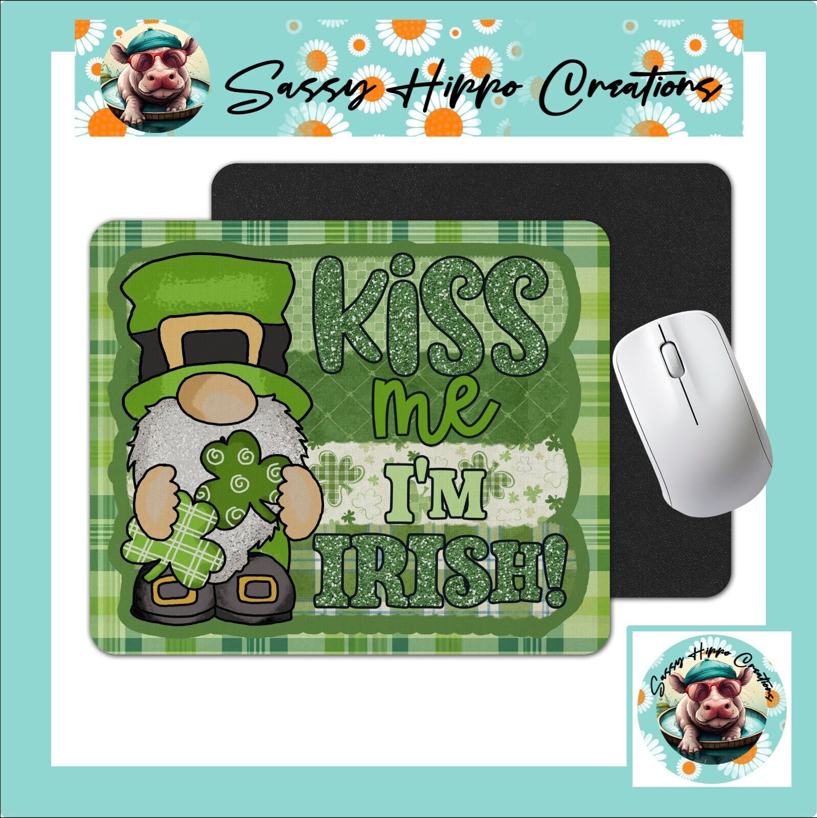 Mouse Pad Gnome Kiss Me I'm Irish St Patrick's Day Anti Slip Back Easy Clean