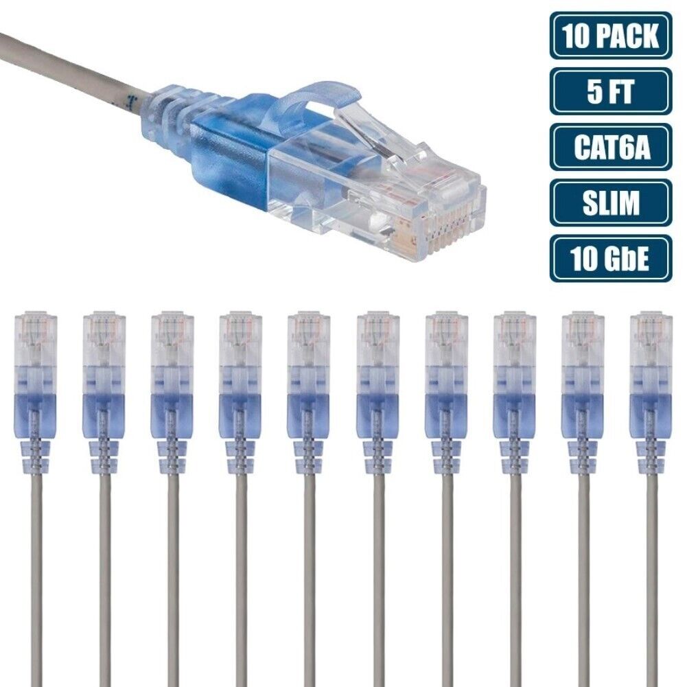 10x 5FT CAT6A RJ45 Ethernet LAN Network Patch Cable Slim Cord 30AWG Router Gray