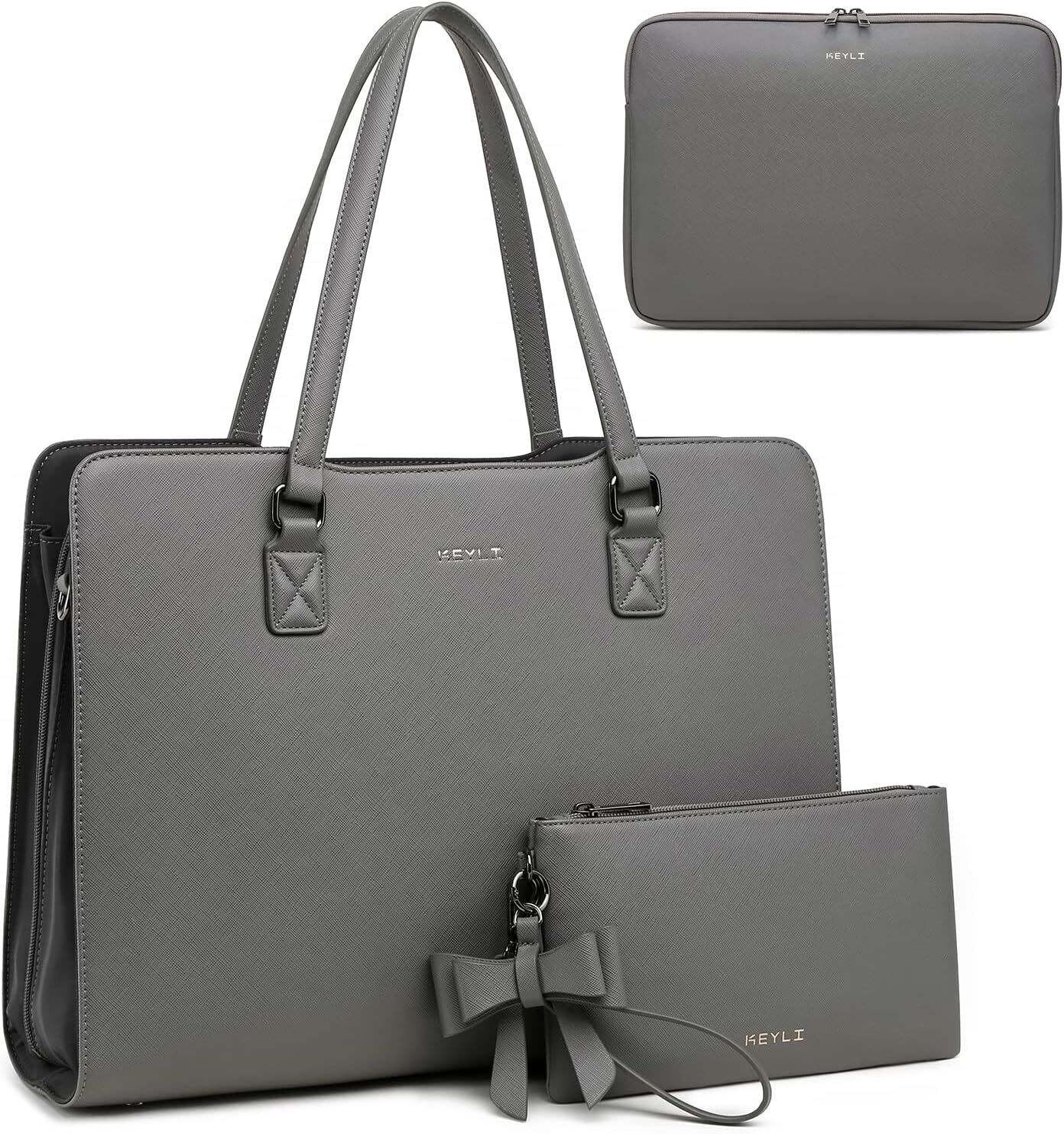 Keyli 4pc Sets Laptop Bag for Women Large Leather Briefcase Grey_2 