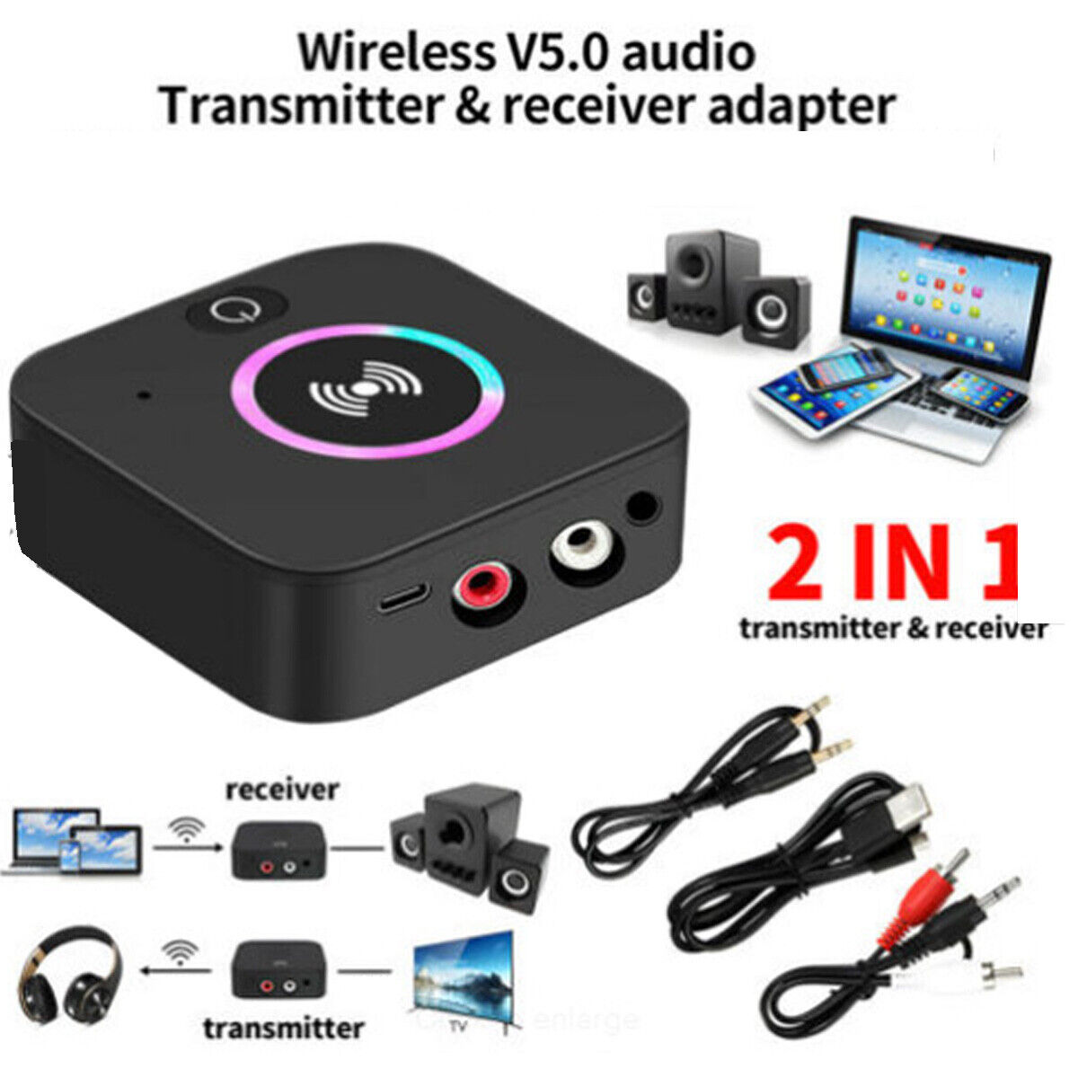 USB Bluetooth 5.0 Transmitter Wireless Receiver NFC to 2RCA Stereo Audio Adapter