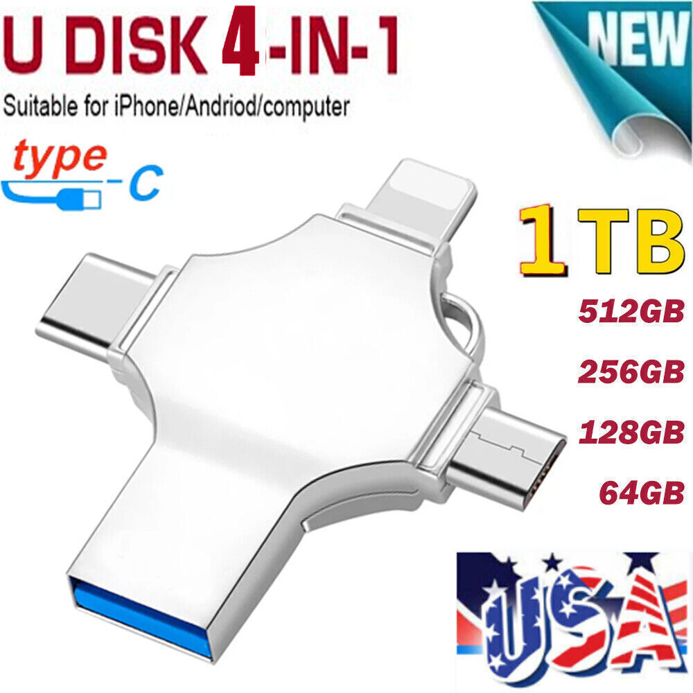 2TB USB 3.0 Flash Drive Memory Photo Stick for iPhone Android iPad Type C 4 IN1